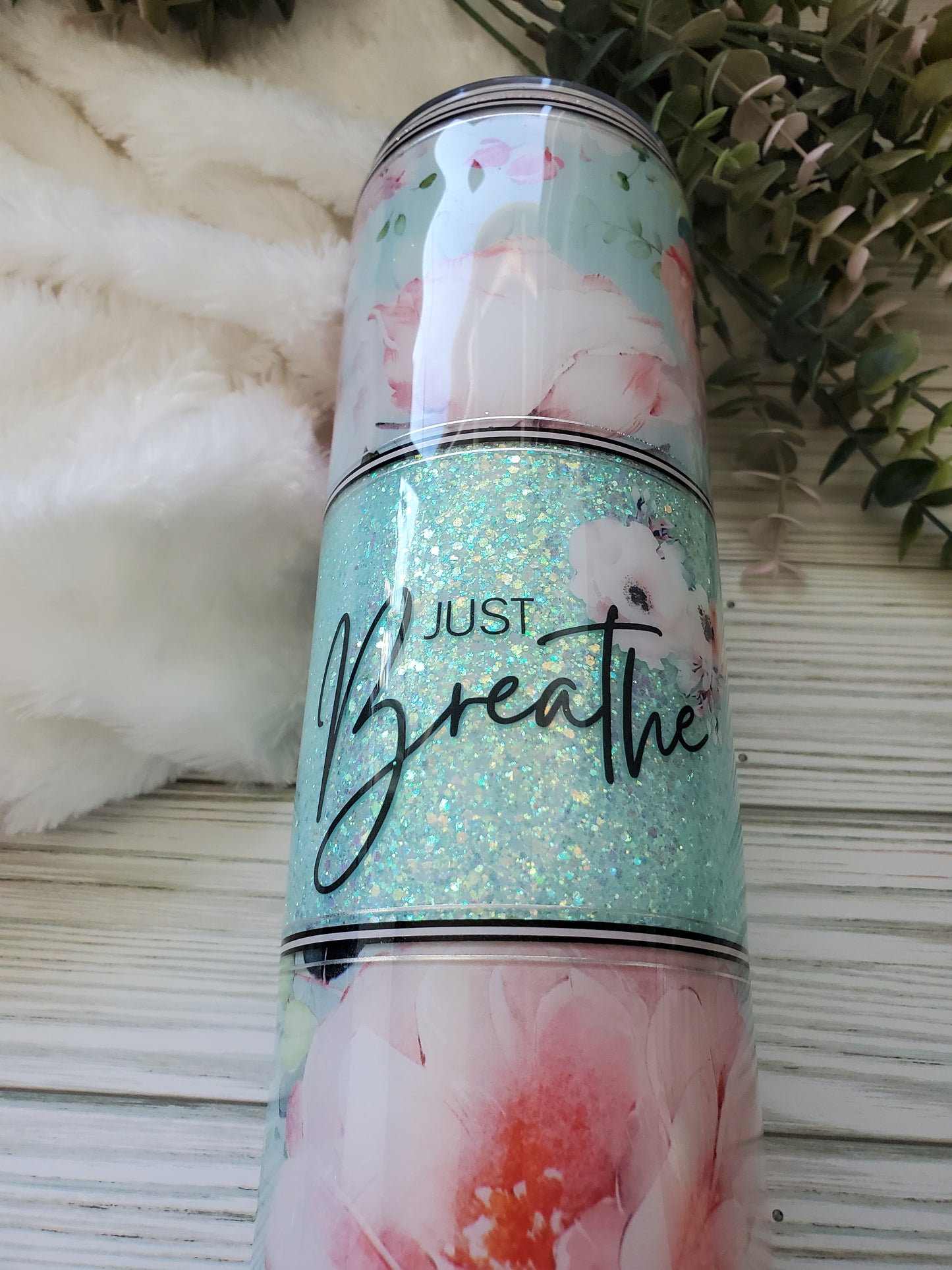 Just Breathe Floral  Glitter Custom Tumbler - 32 oz skinny - mint, pink