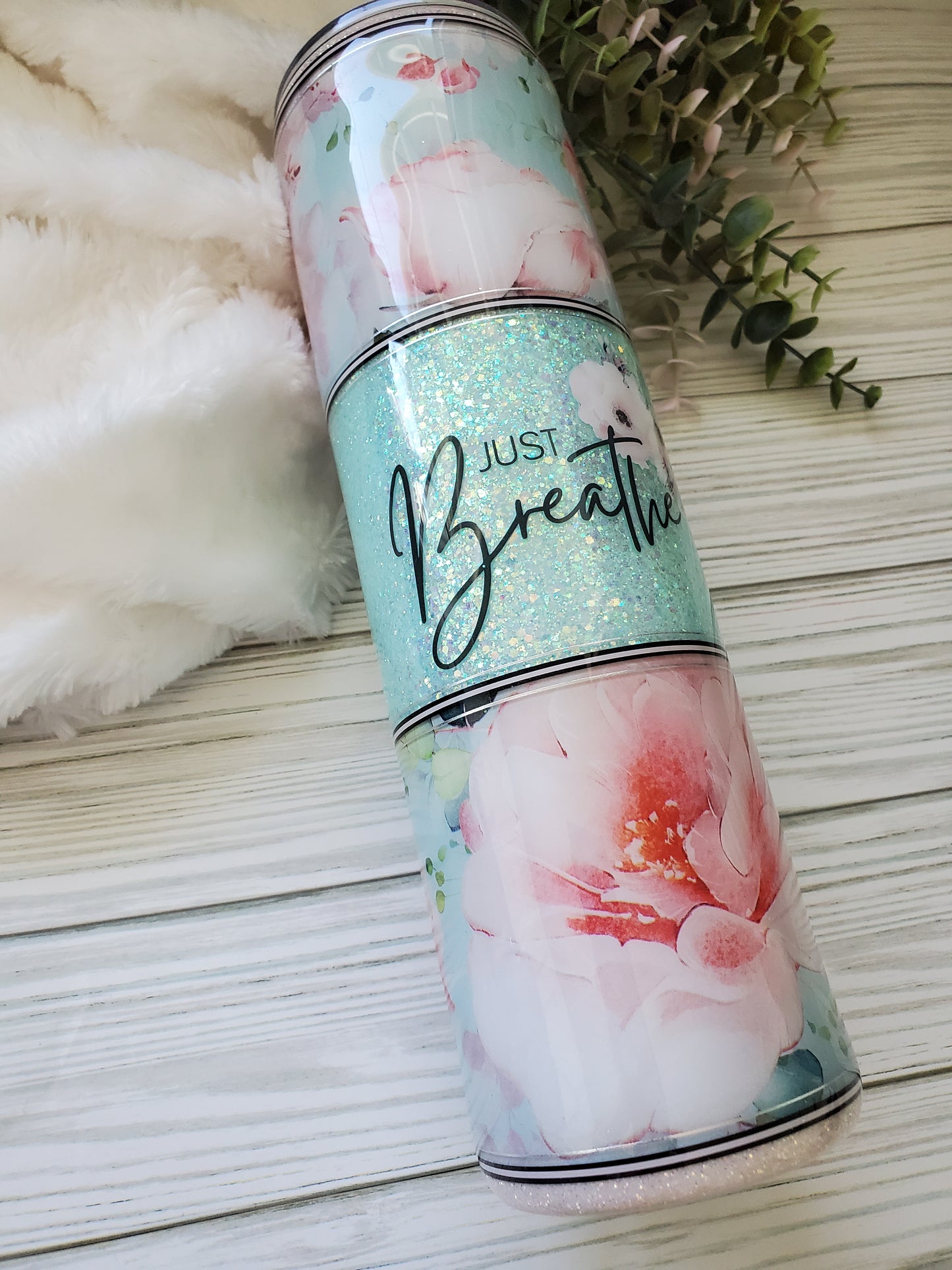Just Breathe Floral  Glitter Custom Tumbler - 32 oz skinny - mint, pink