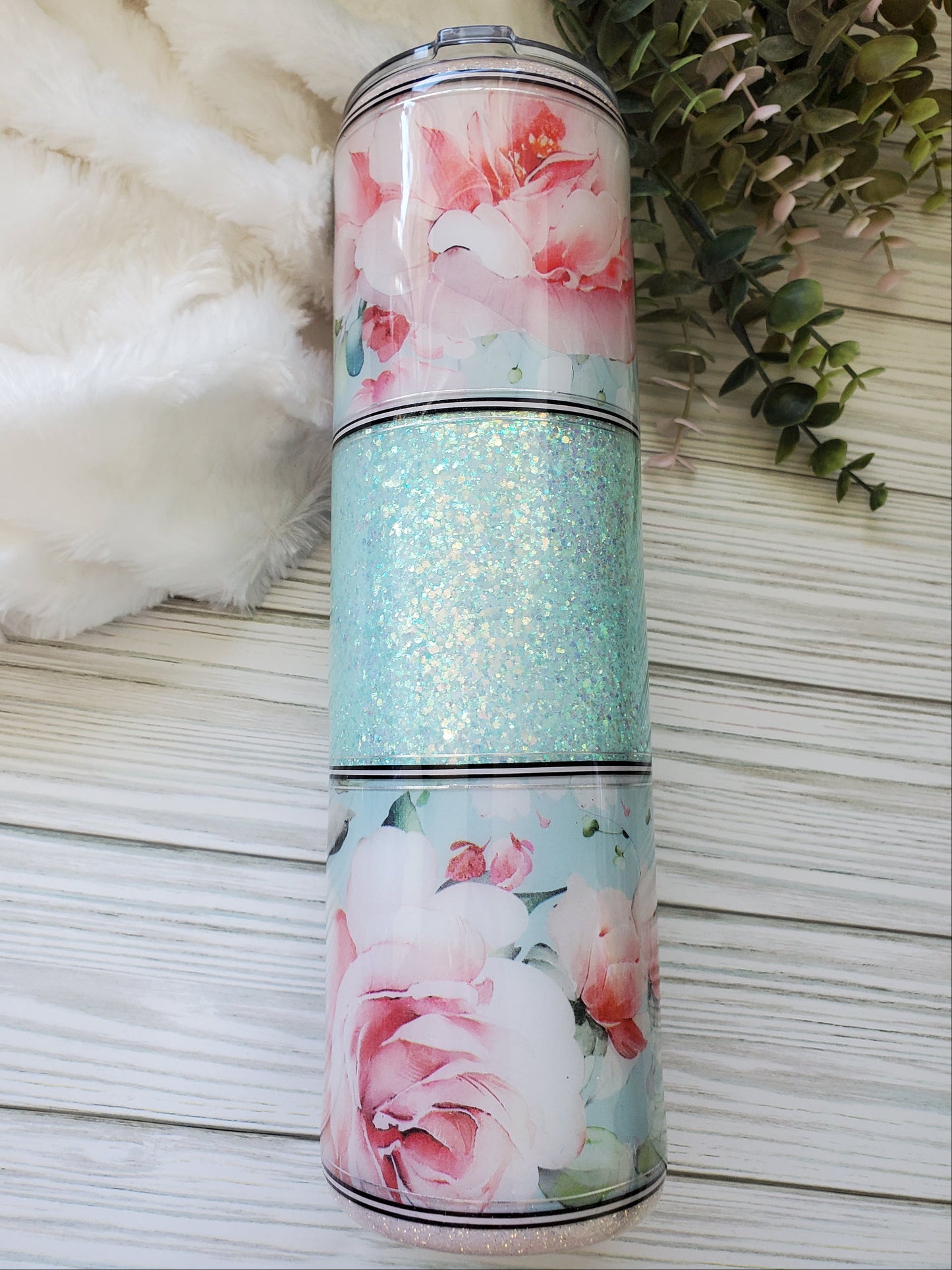Just Breathe Floral  Glitter Custom Tumbler - 32 oz skinny - mint, pink
