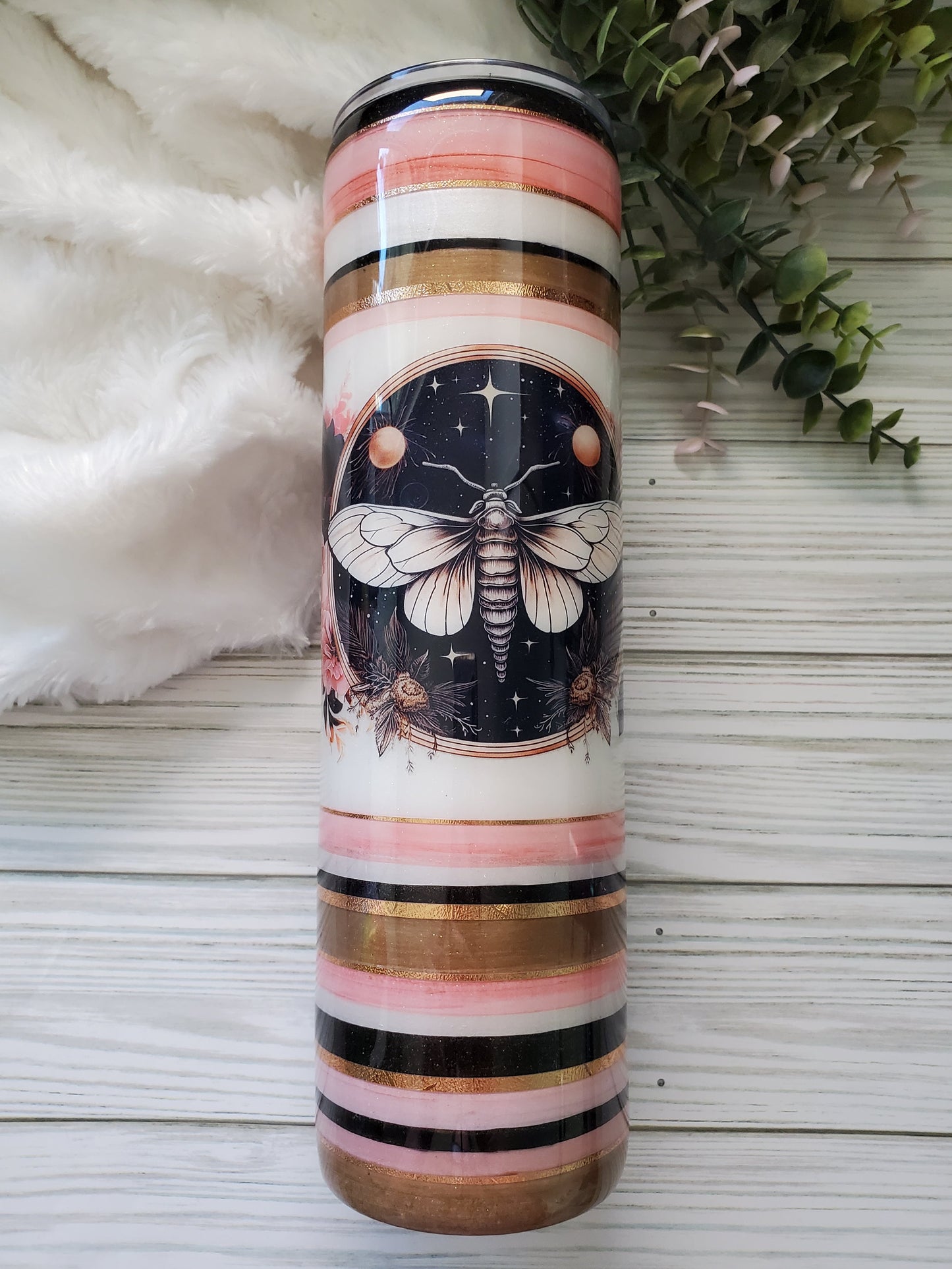 Serape Moth Floral Custom Tumbler - 32 oz skinny - peach, copper, black