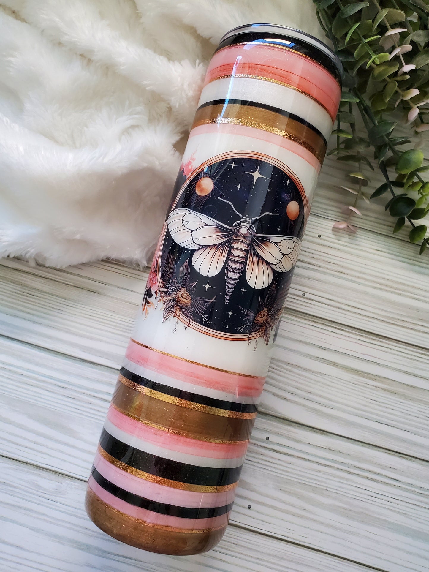 Serape Moth Floral Custom Tumbler - 32 oz skinny - peach, copper, black