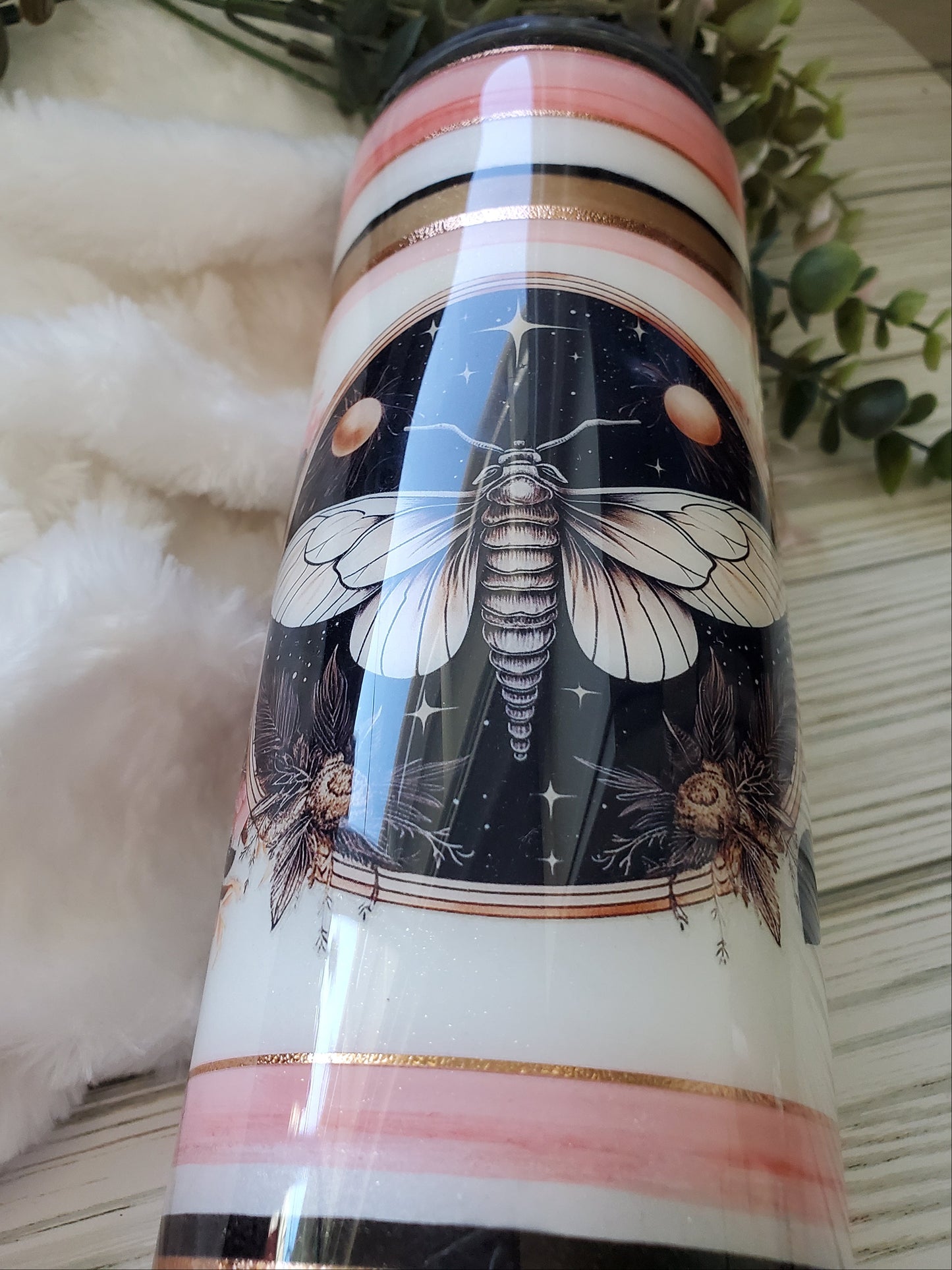 Serape Moth Floral Custom Tumbler - 32 oz skinny - peach, copper, black