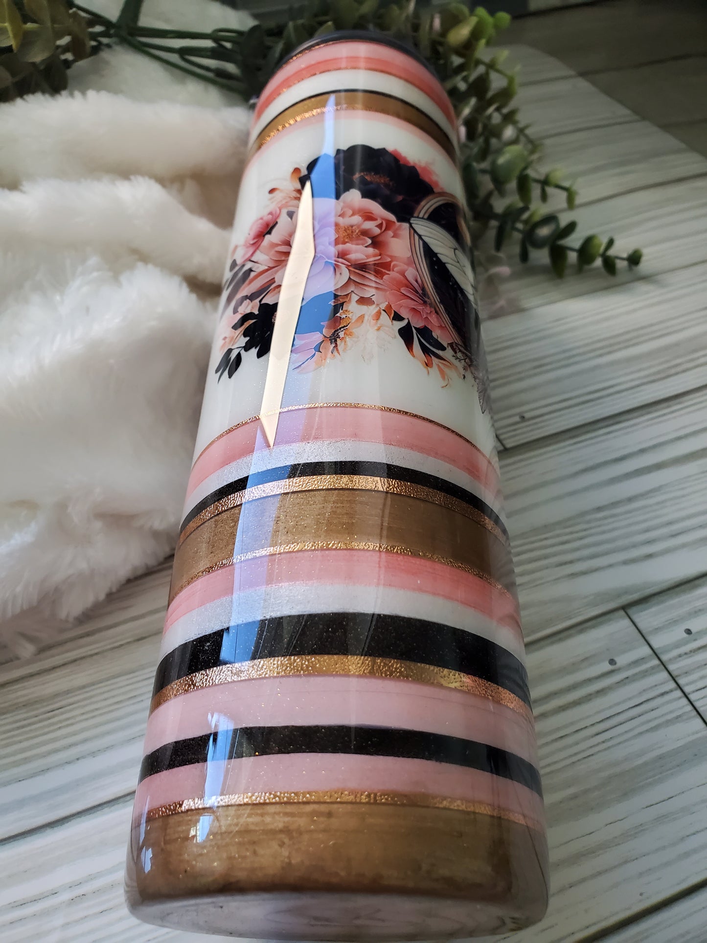 Serape Moth Floral Custom Tumbler - 32 oz skinny - peach, copper, black
