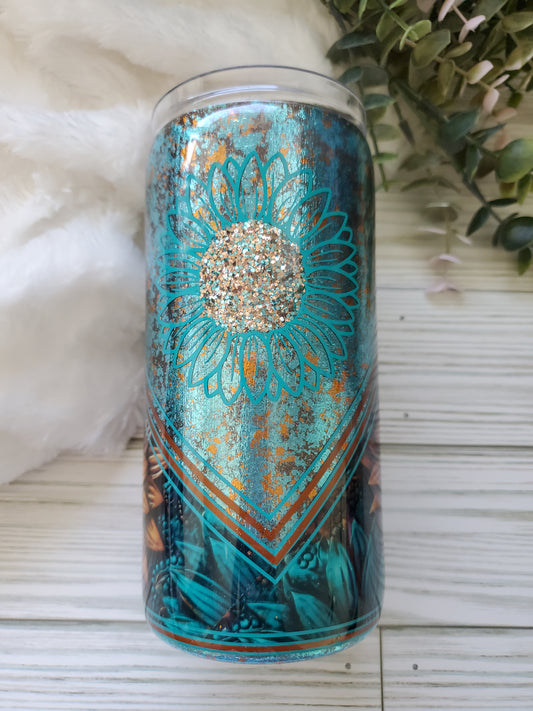 Sunflower Turquoise Foil mashup Custom Tumbler - 15 oz - turquoise brown