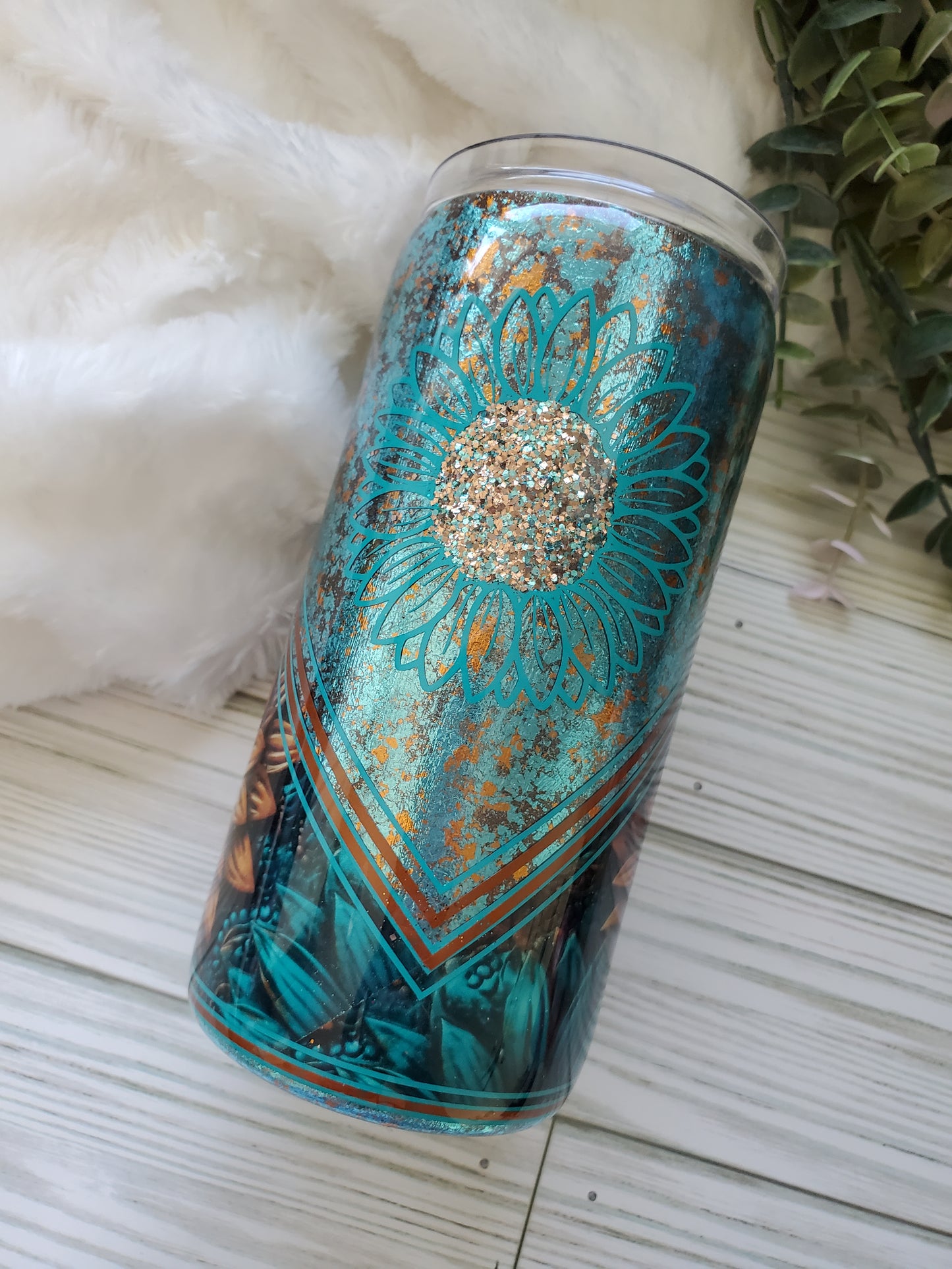 Sunflower Turquoise Foil mashup Custom Tumbler - 15 oz - turquoise brown