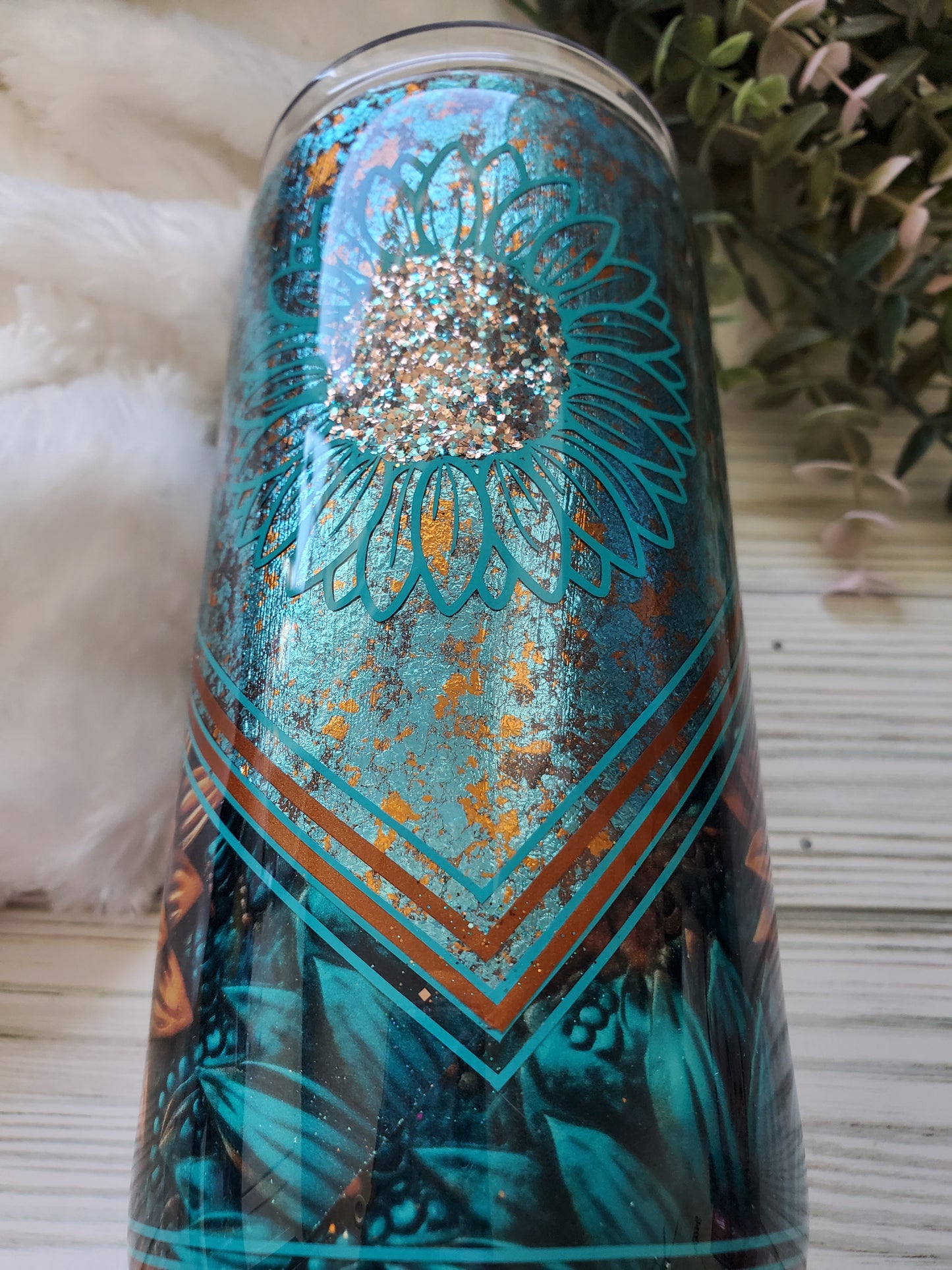 Sunflower Turquoise Foil mashup Custom Tumbler - 15 oz - turquoise brown