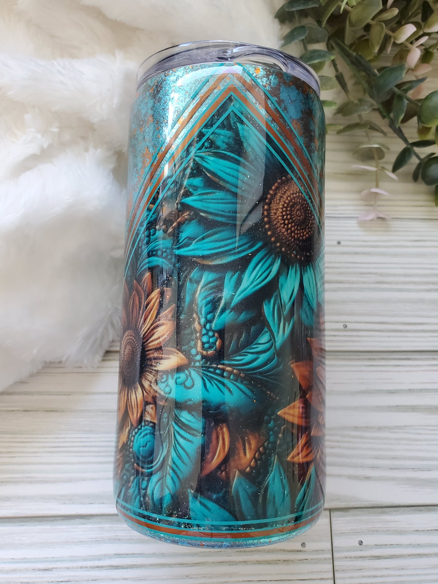 Sunflower Turquoise Foil mashup Custom Tumbler - 15 oz - turquoise brown