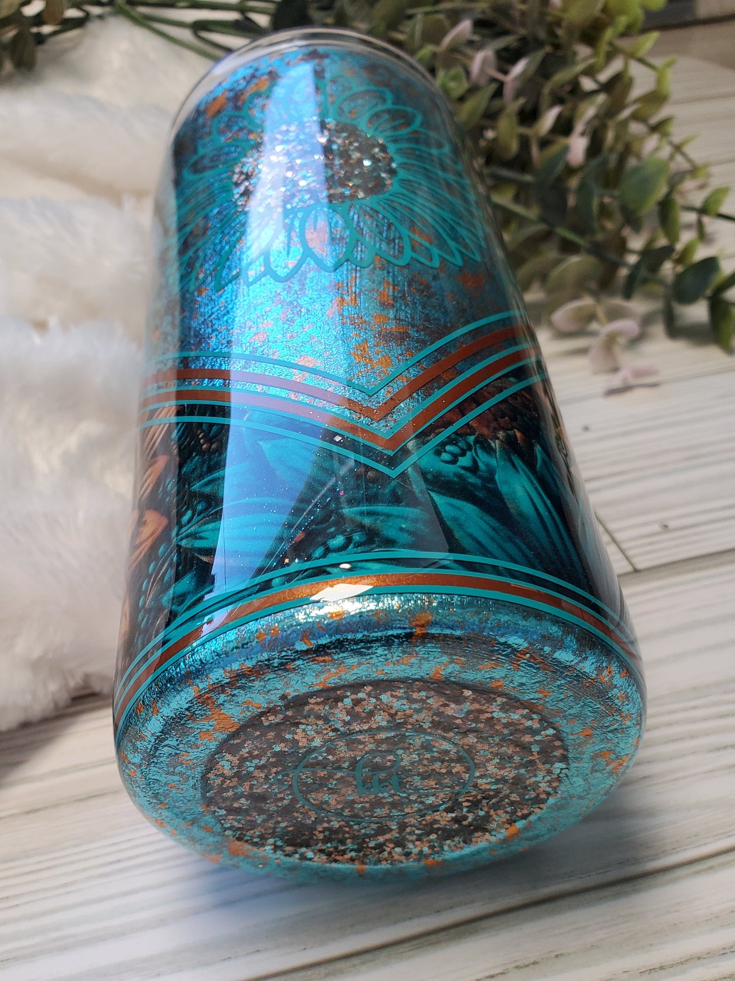 Sunflower Turquoise Foil mashup Custom Tumbler - 15 oz - turquoise brown