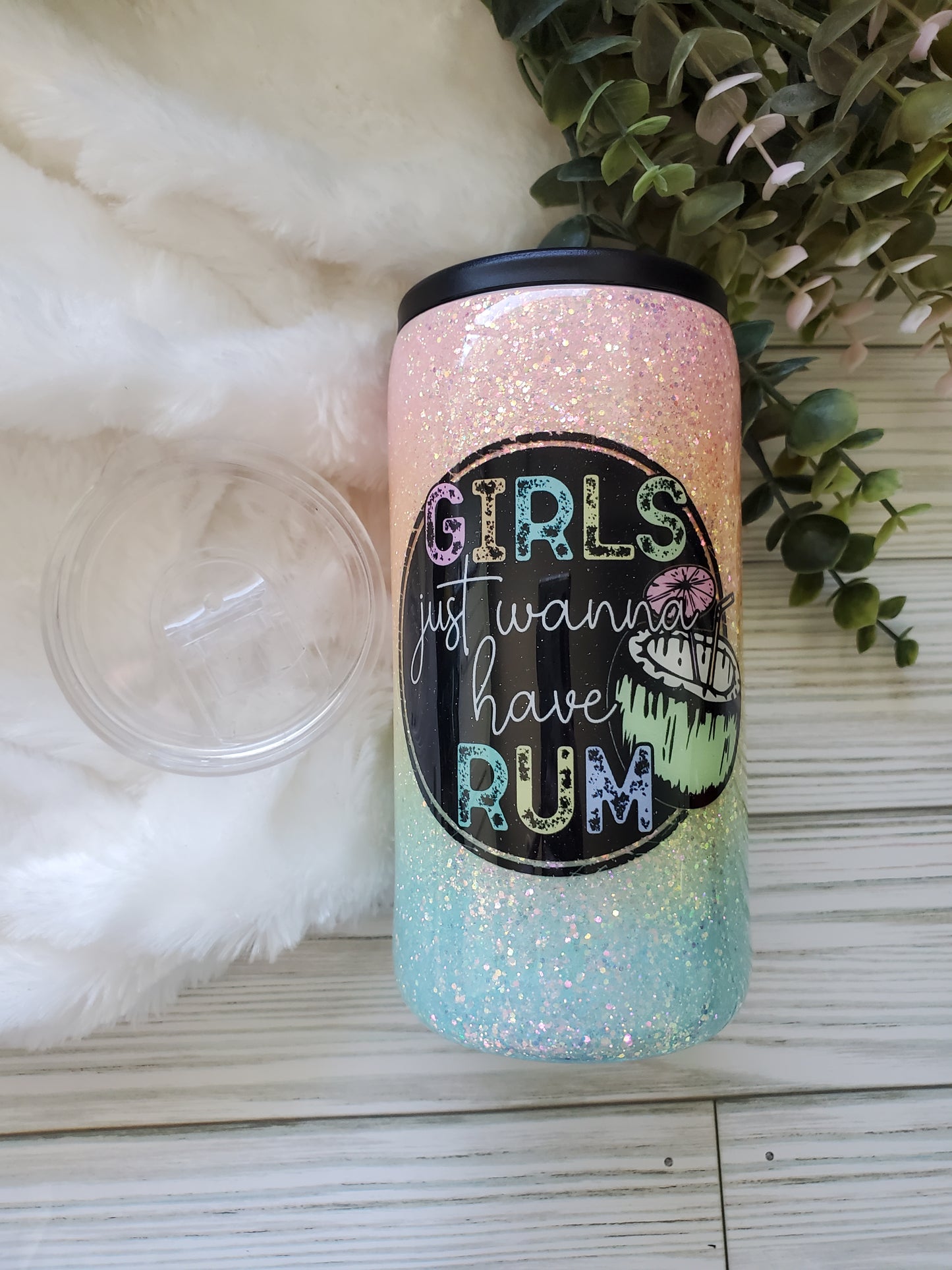 Girls Just Wanna Have Rum Glitter Custom tumbler can cooler - 12 oz SLIM Douzie, can koozie & regular lid included