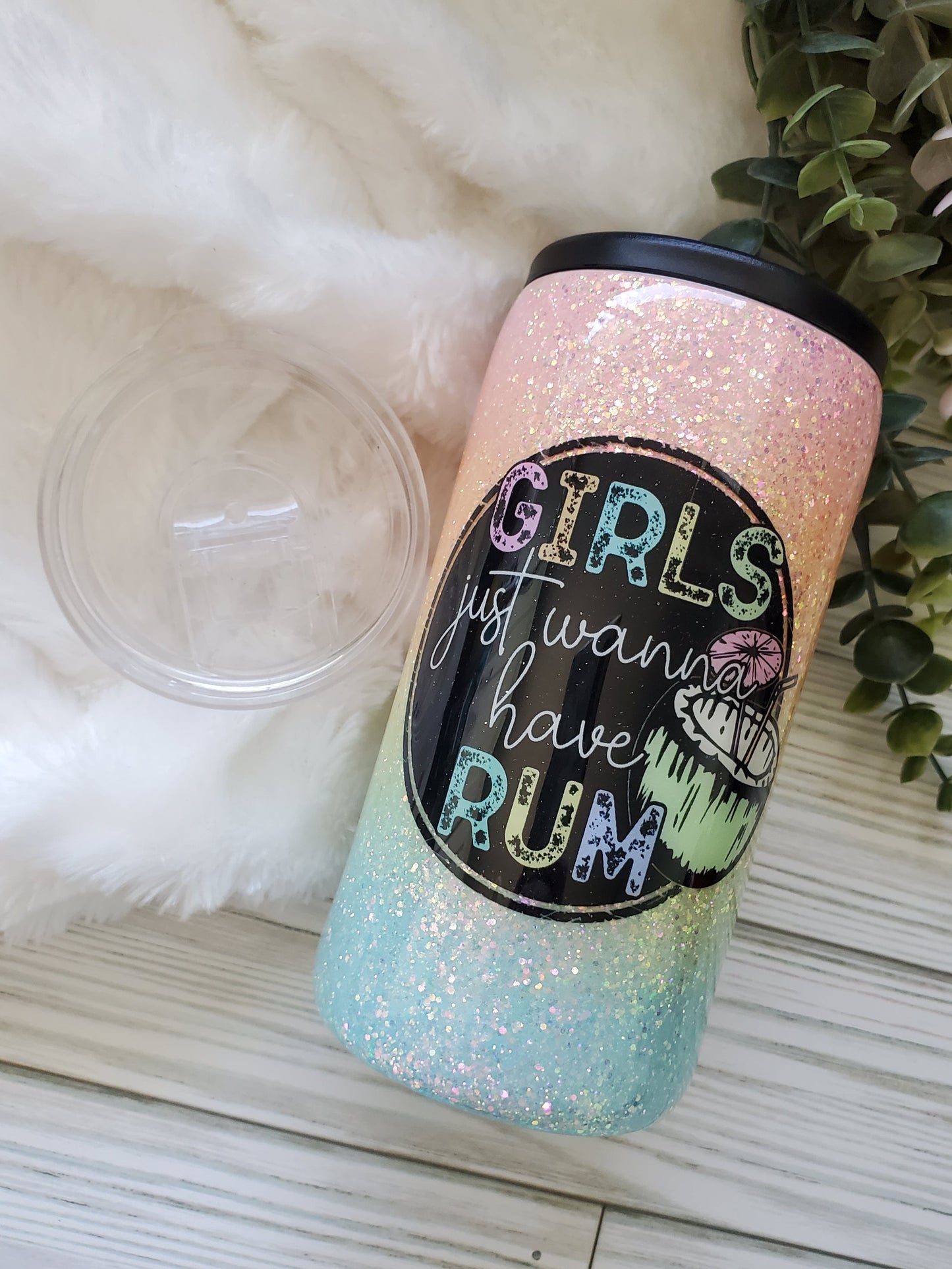 Girls Just Wanna Have Rum Glitter Custom tumbler can cooler - 12 oz SLIM Douzie, can koozie & regular lid included