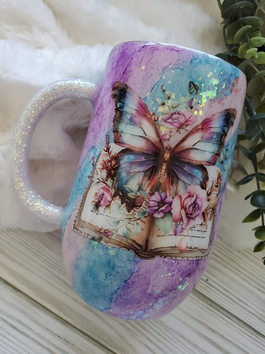 Butterfly on Book Glitter Ink Custom Tumbler - 16 oz Handled Wine or coffee - pastel