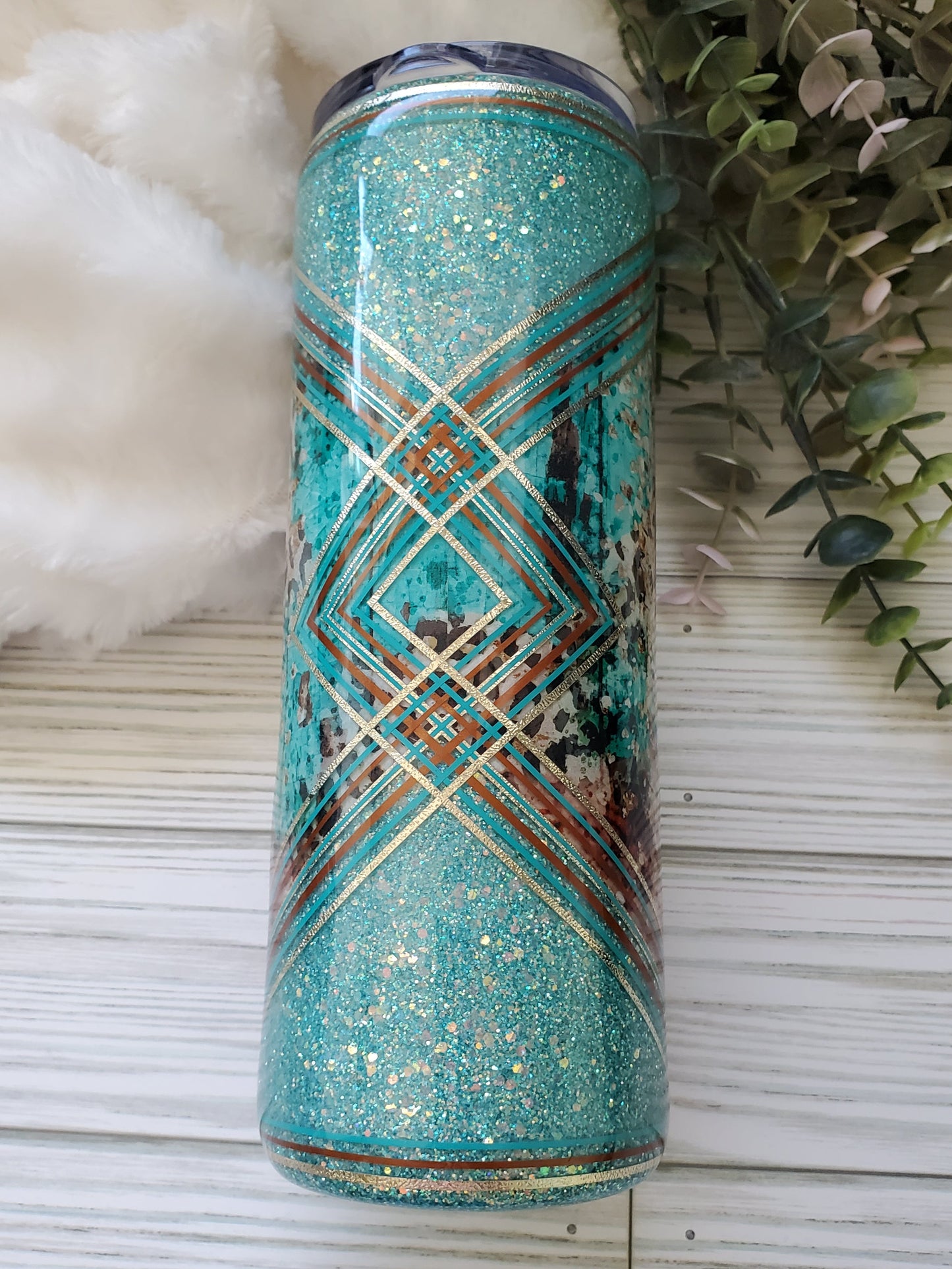 Cross Western Glitter Custom Tumbler - 20 oz Skinny Straight - turquoise brown