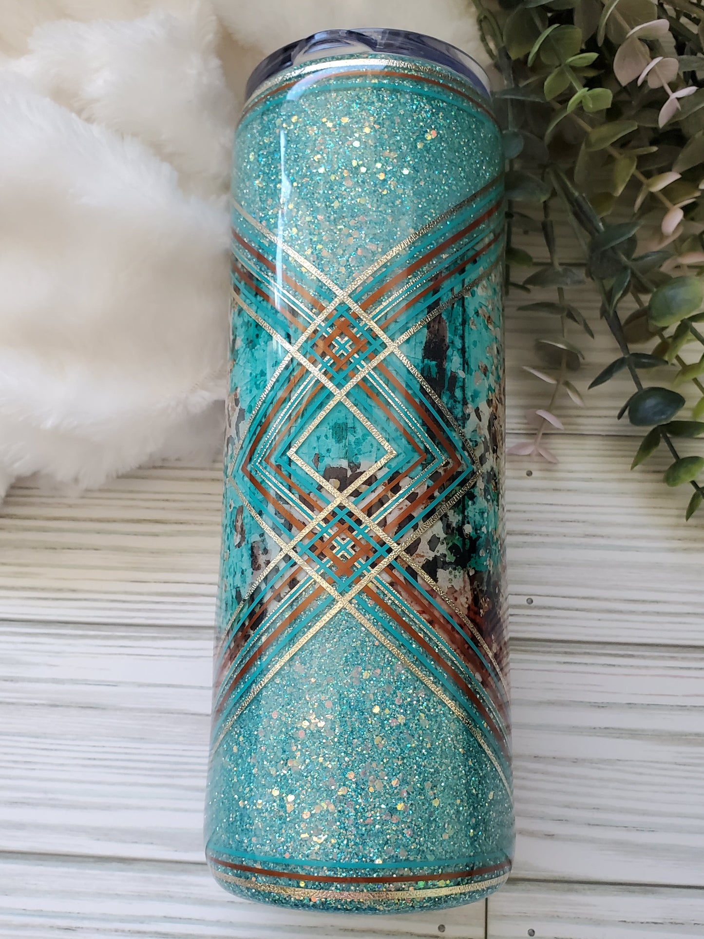 Cross Western Glitter Custom Tumbler - 20 oz Skinny Straight - turquoise brown