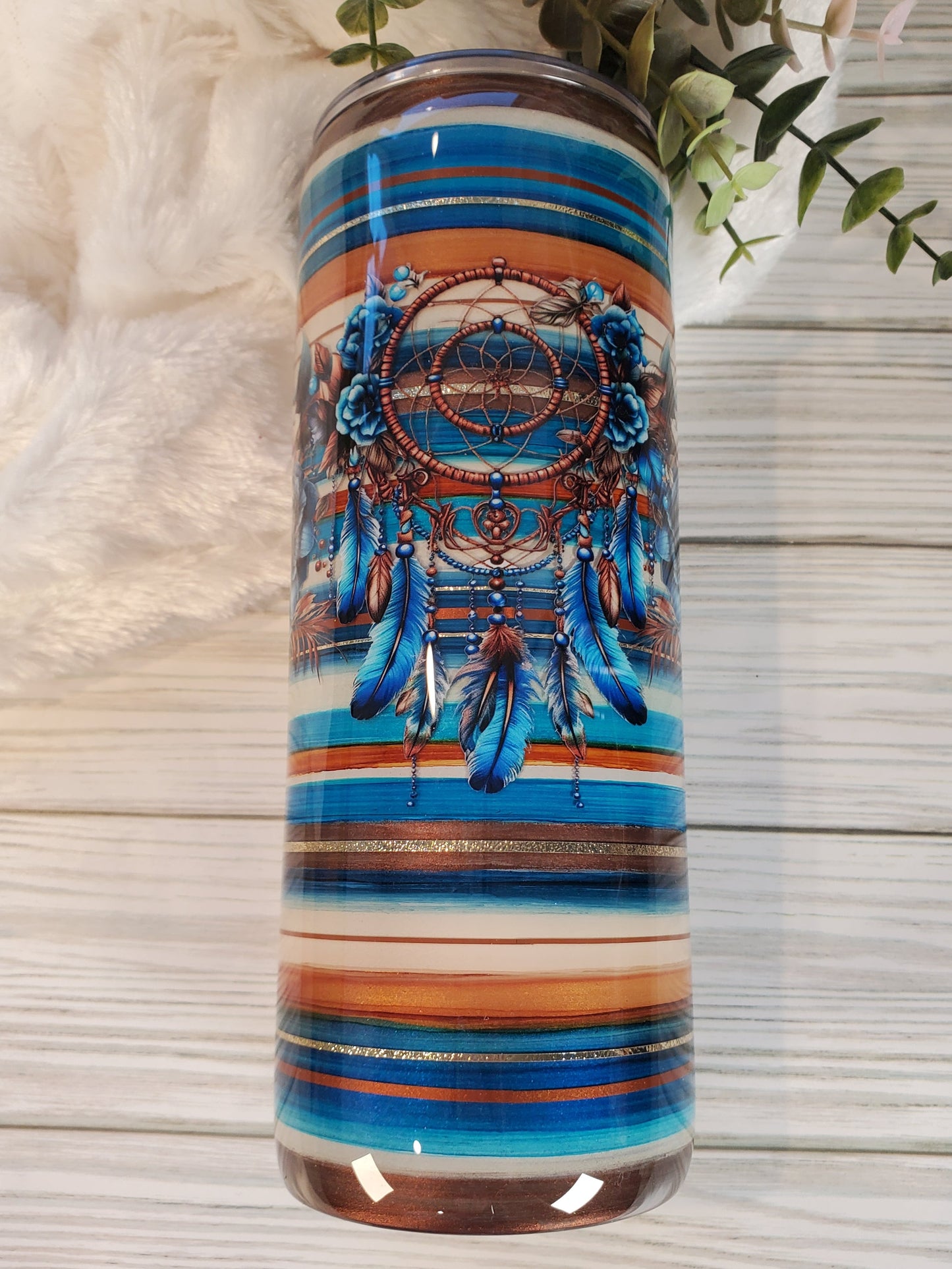Serape Dreamcatcher Floral Texture Custom Tumbler - 24 oz Skinny - blue brown copper