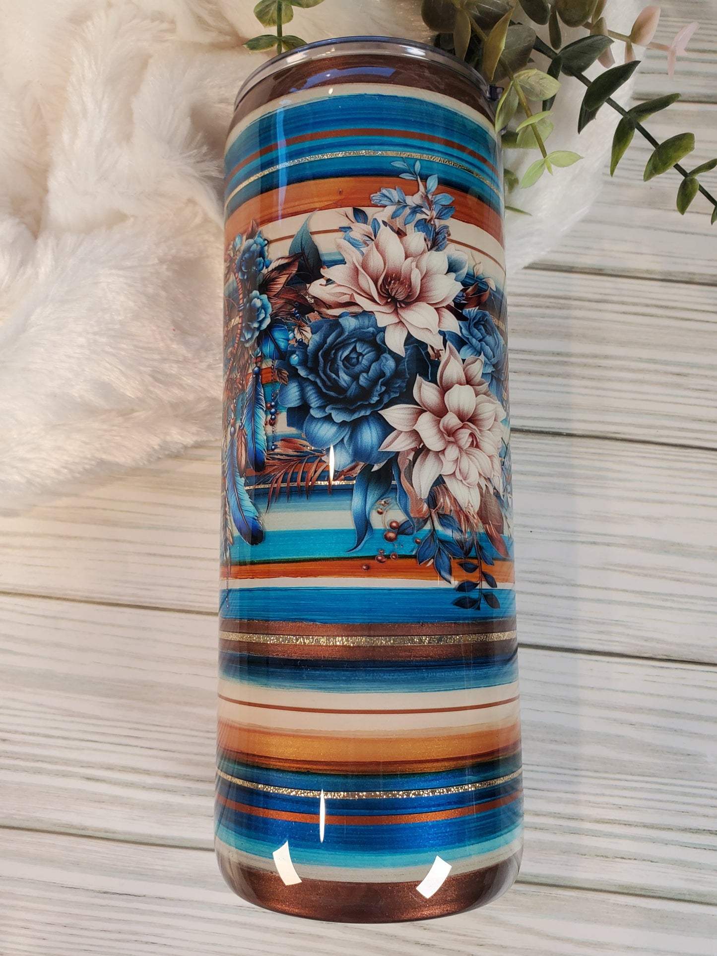 Serape Dreamcatcher Floral Texture Custom Tumbler - 24 oz Skinny - blue brown copper
