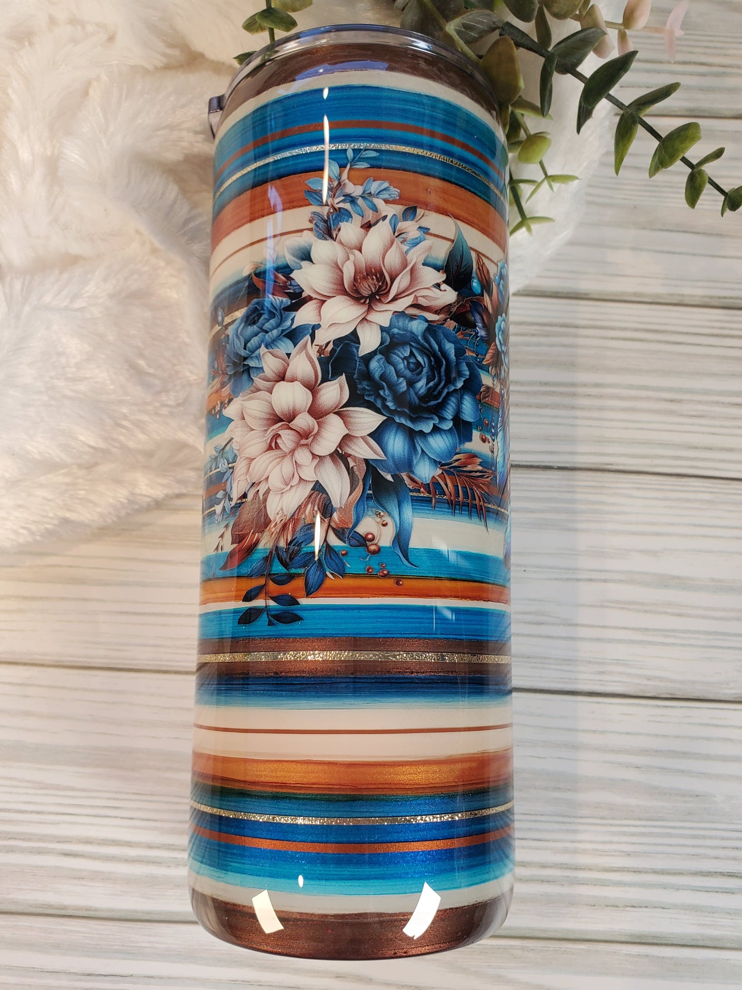 Serape Dreamcatcher Floral Texture Custom Tumbler - 24 oz Skinny - blue brown copper