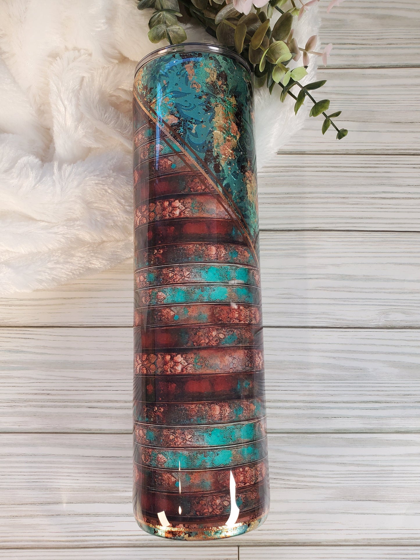 Western textured foil vinyl Custom Tumbler - 32 oz skinny - turquoise brown gold