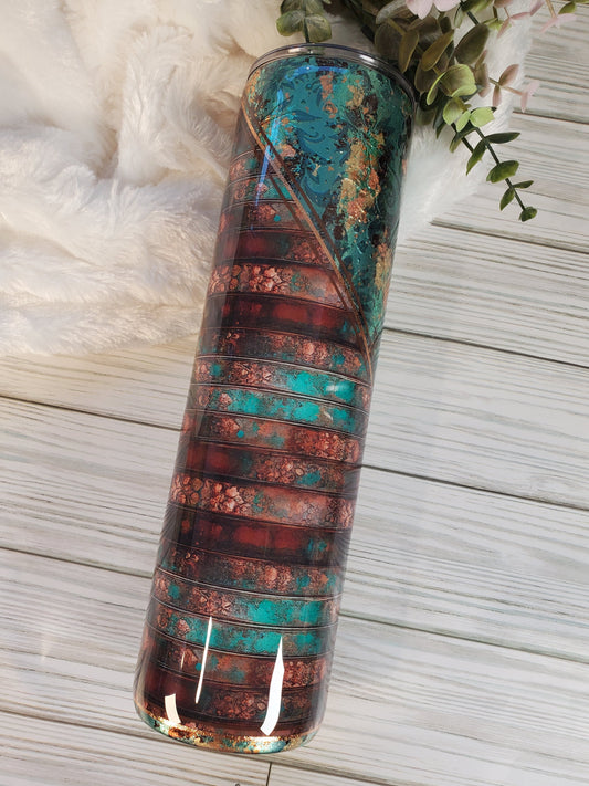 Western textured foil vinyl Custom Tumbler - 32 oz skinny - turquoise brown gold
