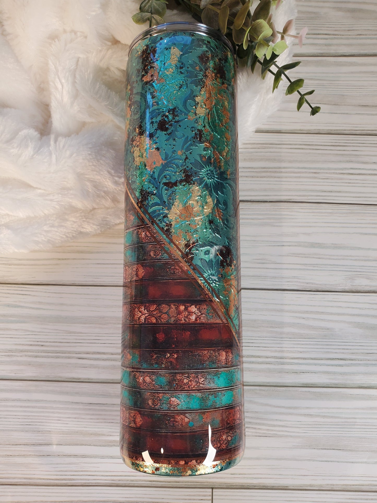 Western textured foil vinyl Custom Tumbler - 32 oz skinny - turquoise brown gold