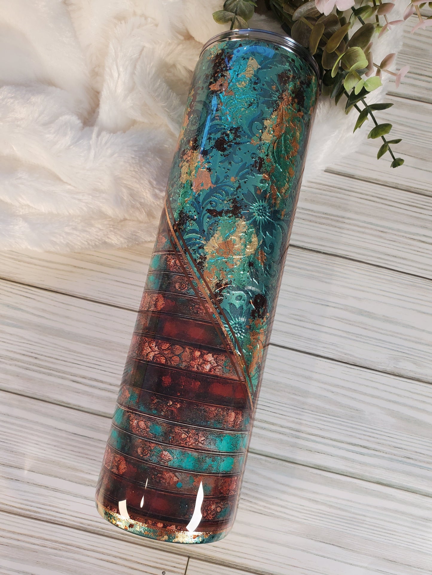 Western textured foil vinyl Custom Tumbler - 32 oz skinny - turquoise brown gold