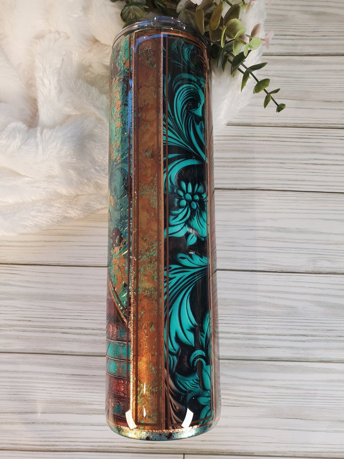 Western textured foil vinyl Custom Tumbler - 32 oz skinny - turquoise brown gold