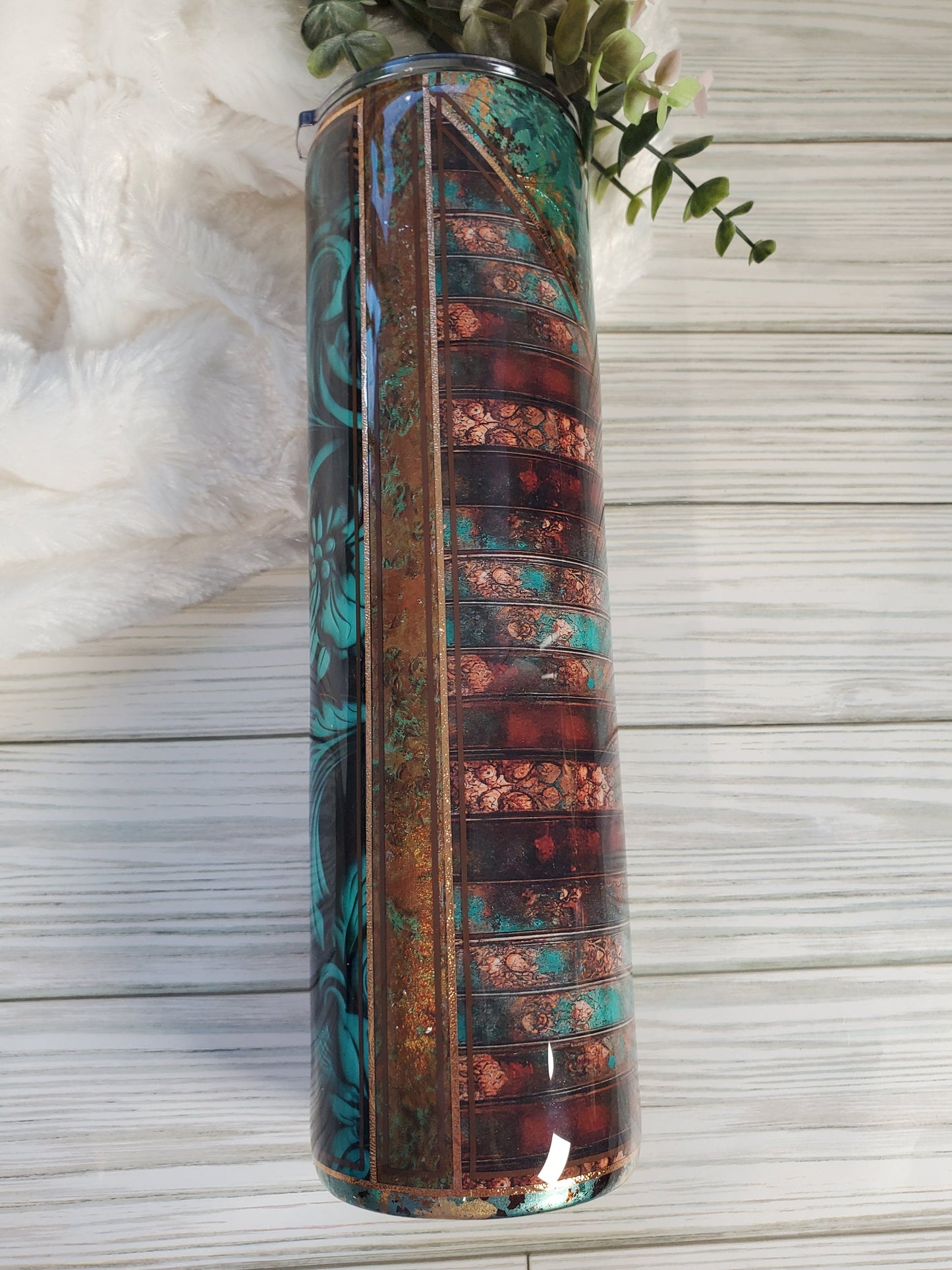 Western textured foil vinyl Custom Tumbler - 32 oz skinny - turquoise brown gold