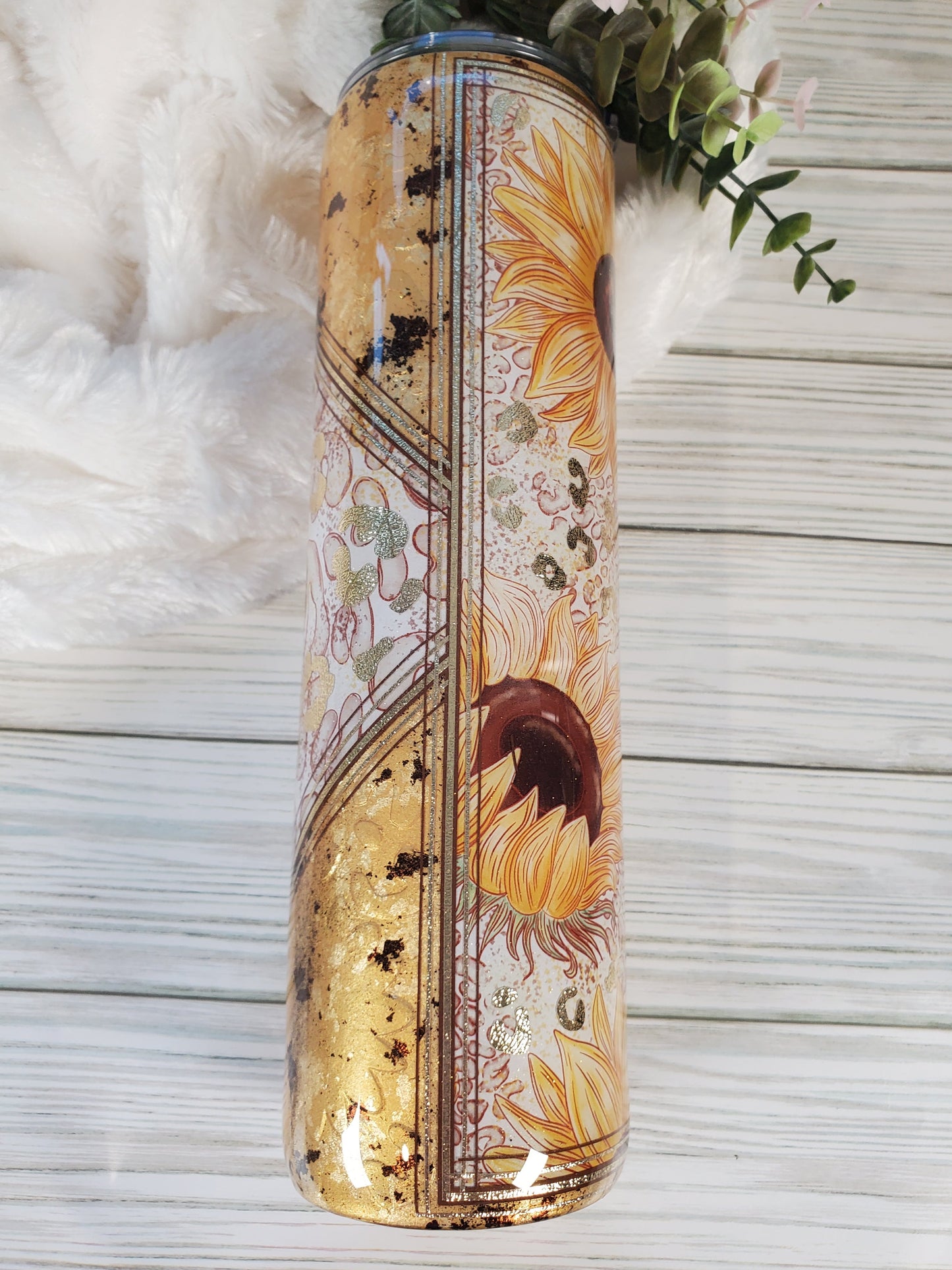 Sunflower Leopard Textured foil maship Custom Tumbler - 32 oz skinny - yellow gold