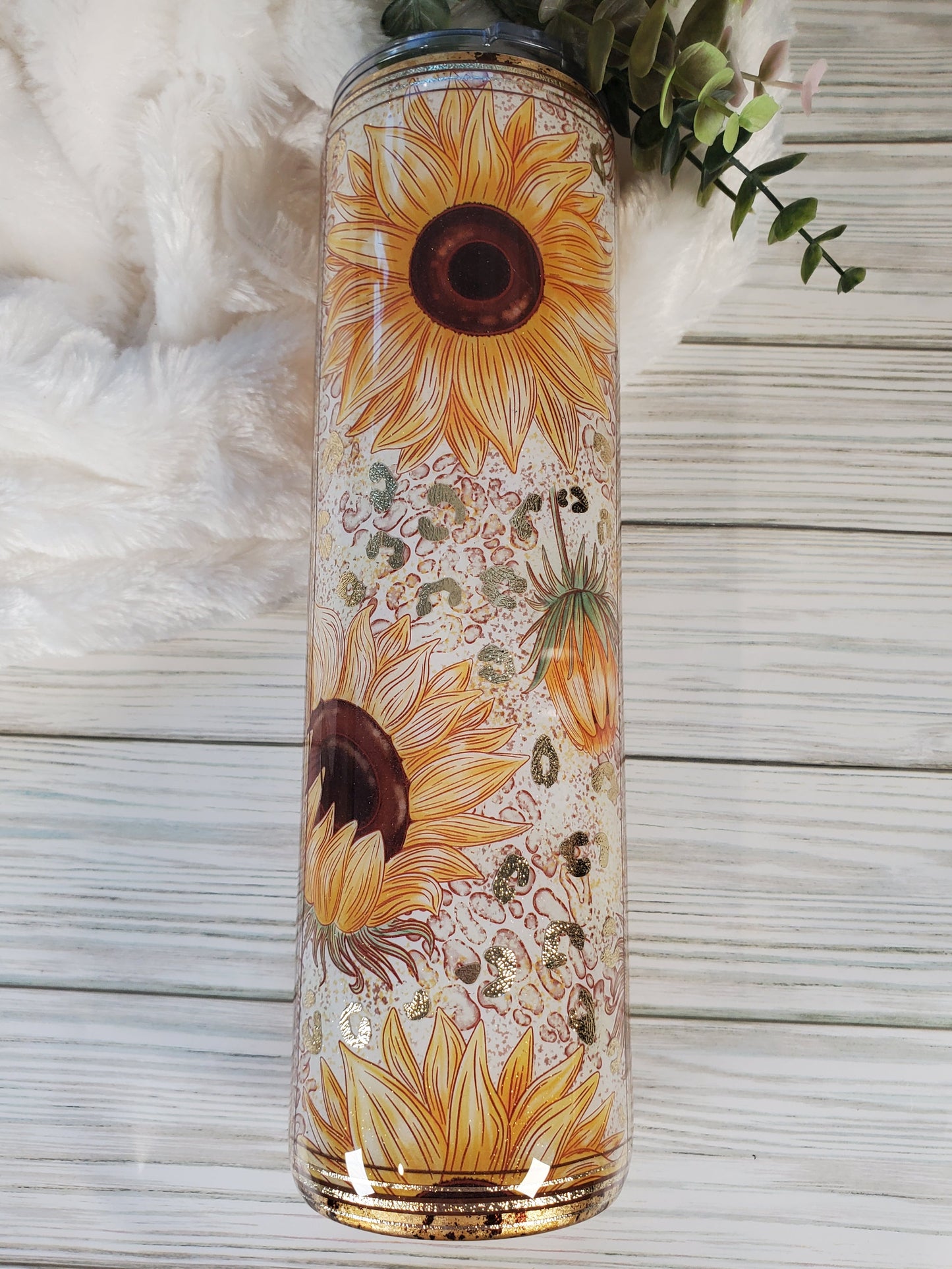 Sunflower Leopard Textured foil maship Custom Tumbler - 32 oz skinny - yellow gold