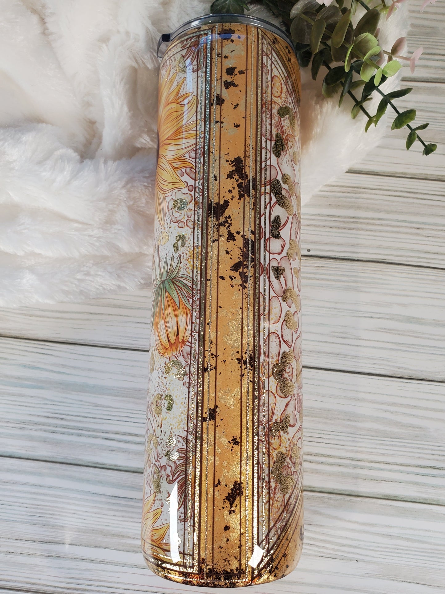 Sunflower Leopard Textured foil maship Custom Tumbler - 32 oz skinny - yellow gold