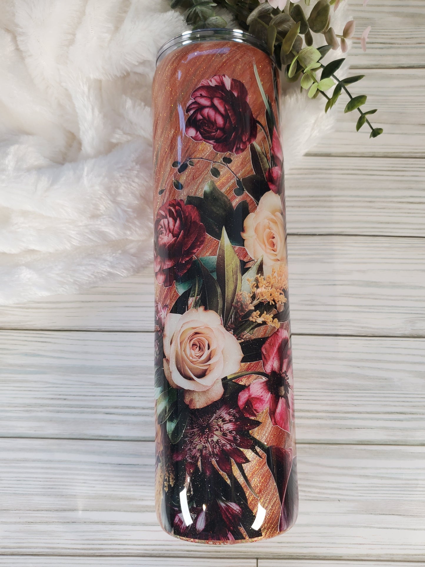 Floral Flowers hatching technique Custom Tumbler - 32 oz skinny - maroon, wine, gold