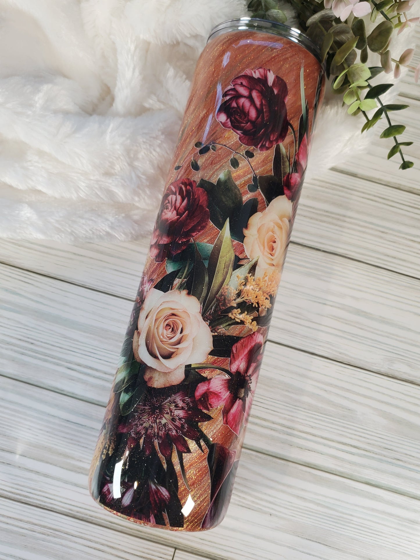 Floral Flowers hatching technique Custom Tumbler - 32 oz skinny - maroon, wine, gold