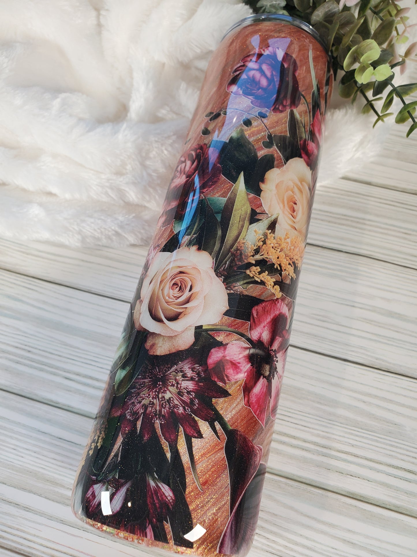 Floral Flowers hatching technique Custom Tumbler - 32 oz skinny - maroon, wine, gold