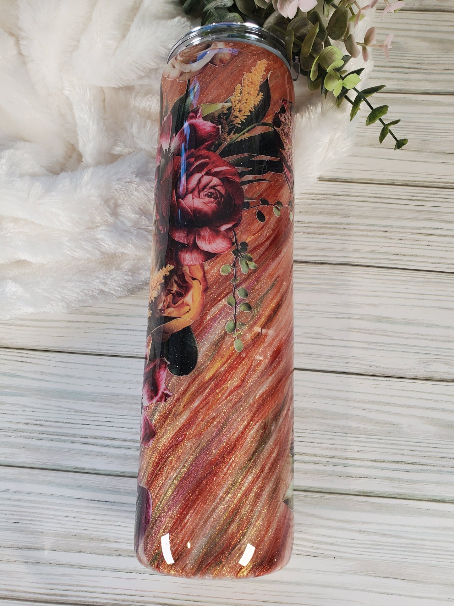 Floral Flowers hatching technique Custom Tumbler - 32 oz skinny - maroon, wine, gold
