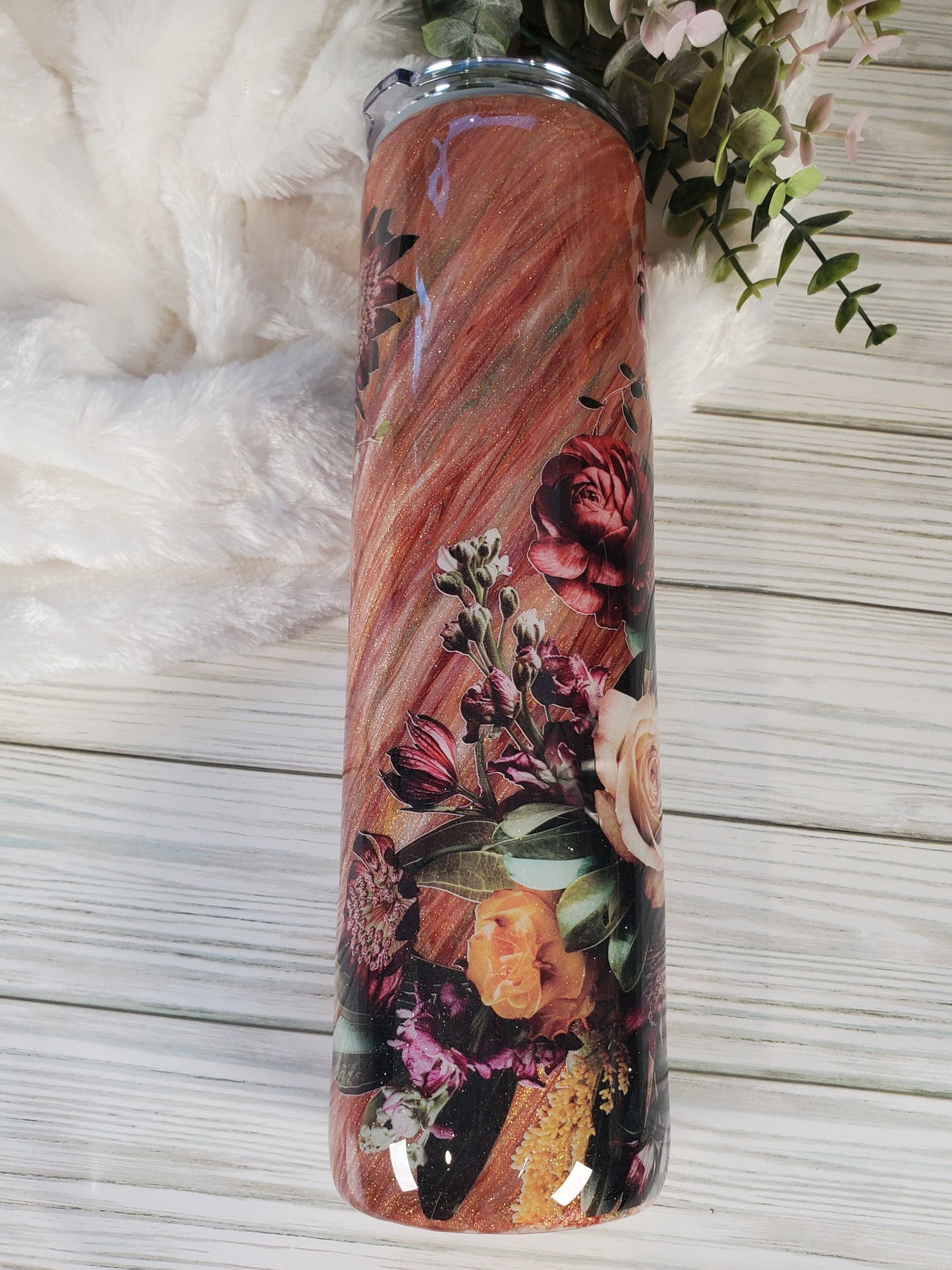 Floral Flowers hatching technique Custom Tumbler - 32 oz skinny - maroon, wine, gold