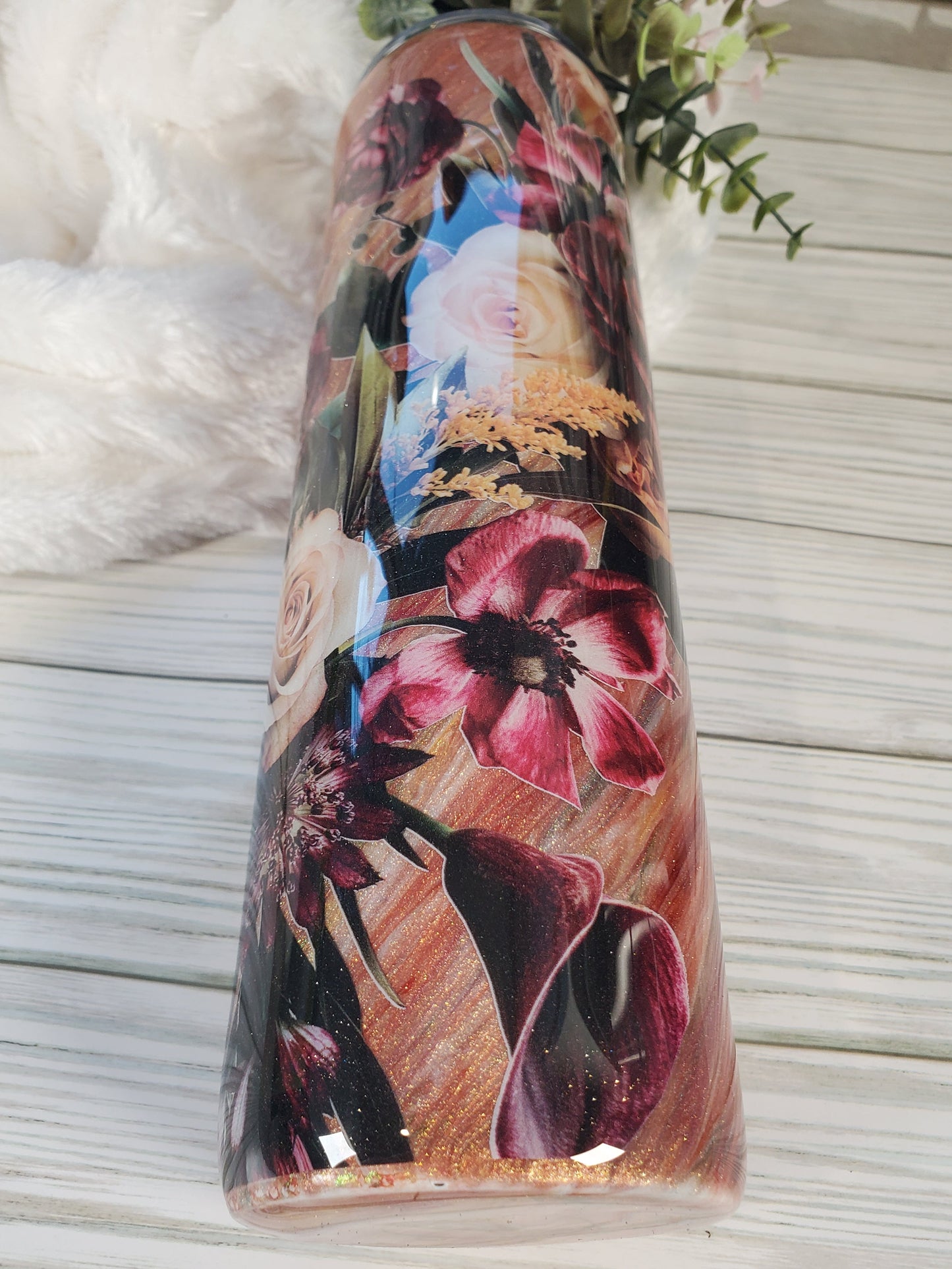 Floral Flowers hatching technique Custom Tumbler - 32 oz skinny - maroon, wine, gold
