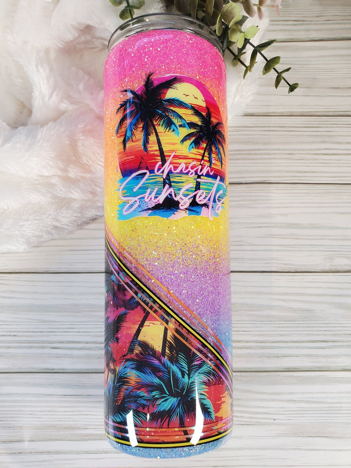 Chasin' Sunsets Beach neon glitter ombre Custom Tumbler - 30 oz Skinny Taper - neons
