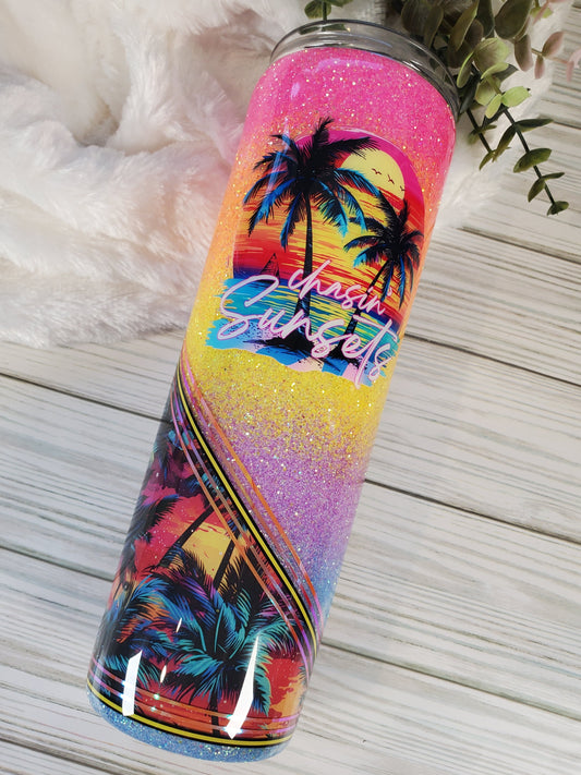 Chasin' Sunsets Beach neon glitter ombre Custom Tumbler - 30 oz Skinny Taper - neons