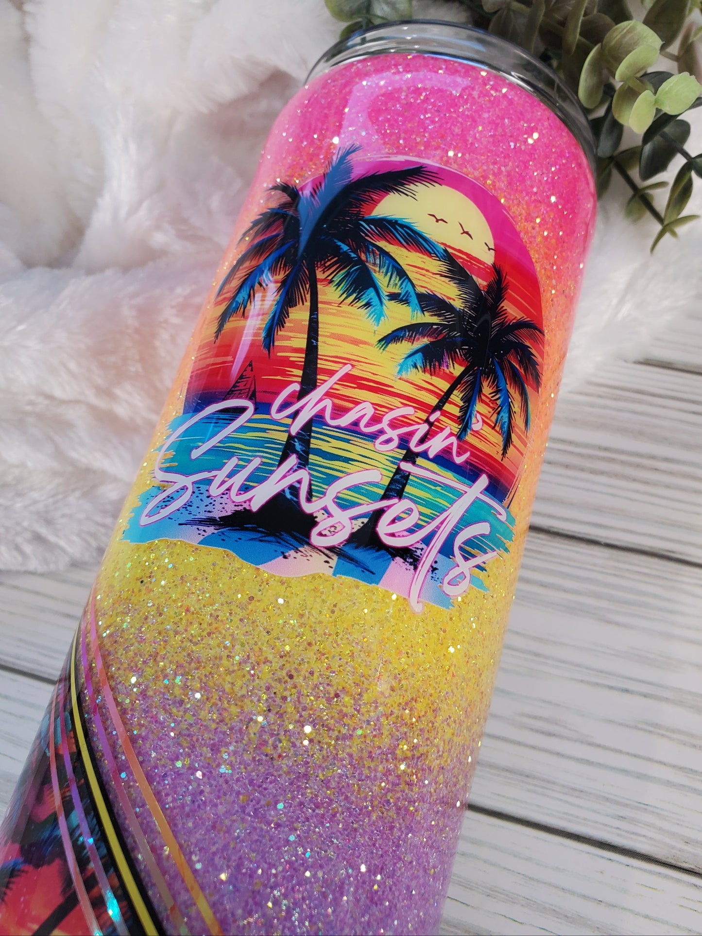 Chasin' Sunsets Beach neon glitter ombre Custom Tumbler - 30 oz Skinny Taper - neons