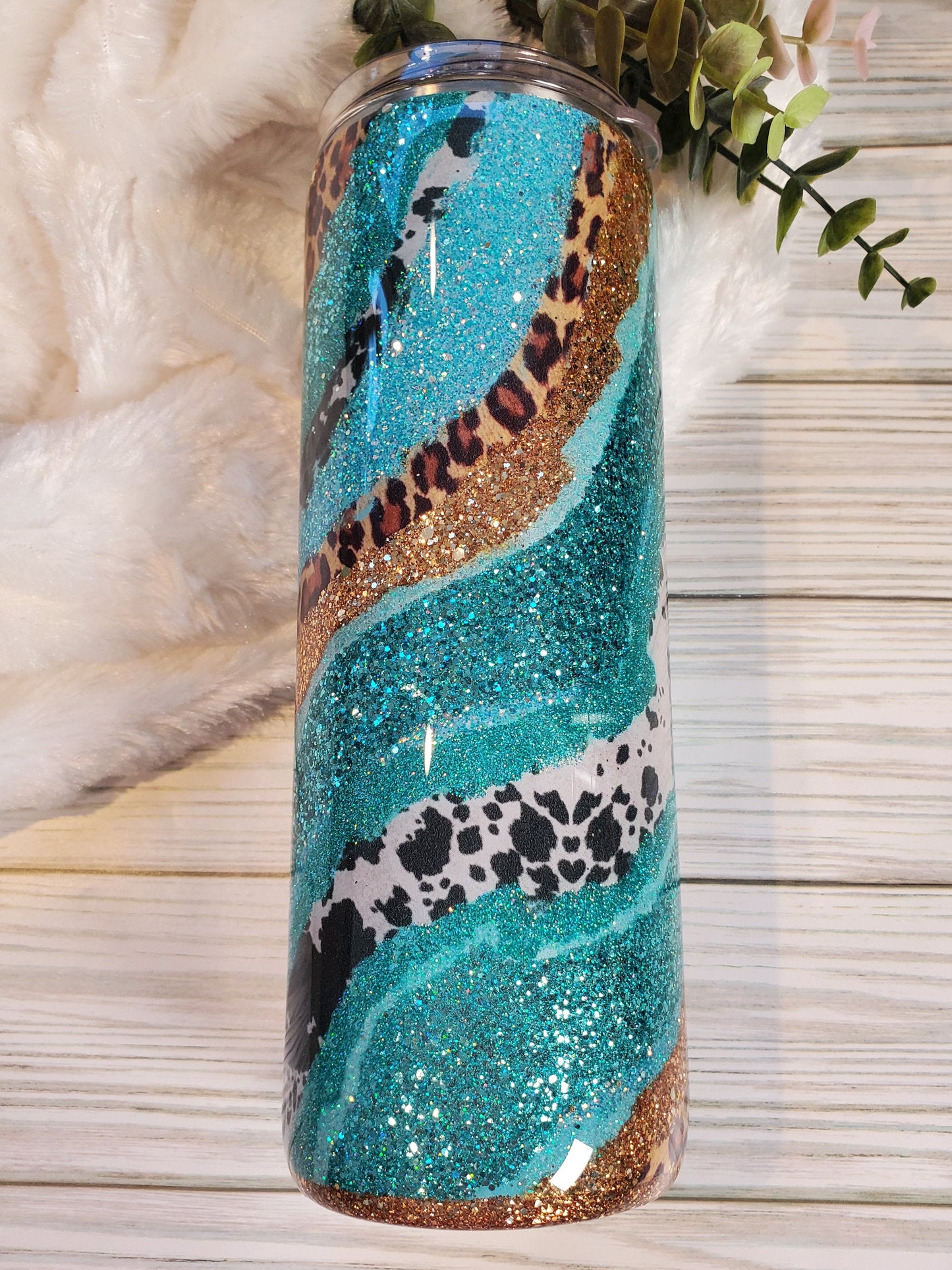 Western Leopard Cow Spots Custom Tumbler - 20 oz Skinny Straight - turquoise gold