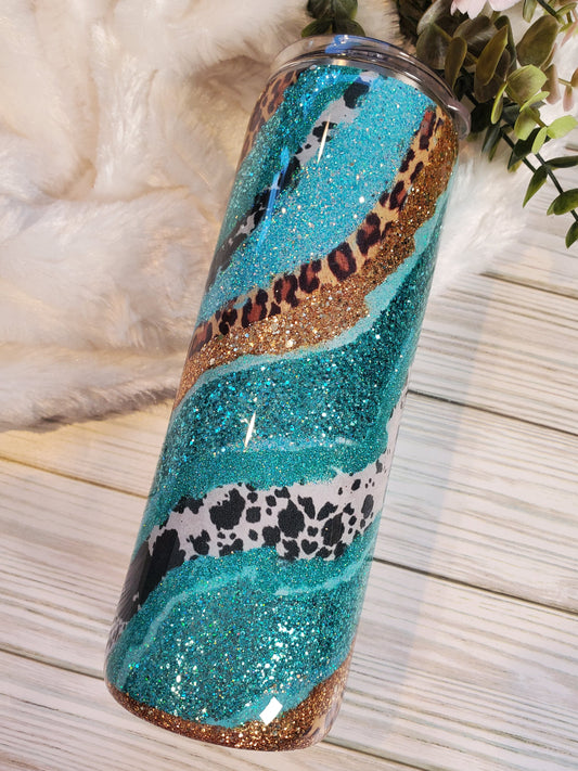 Western Leopard Cow Spots Custom Tumbler - 20 oz Skinny Straight - turquoise gold