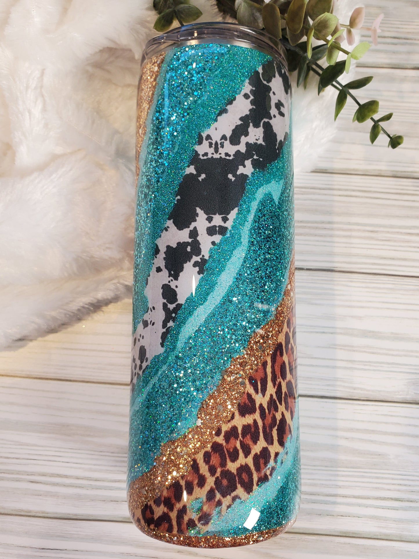 Western Leopard Cow Spots Custom Tumbler - 20 oz Skinny Straight - turquoise gold