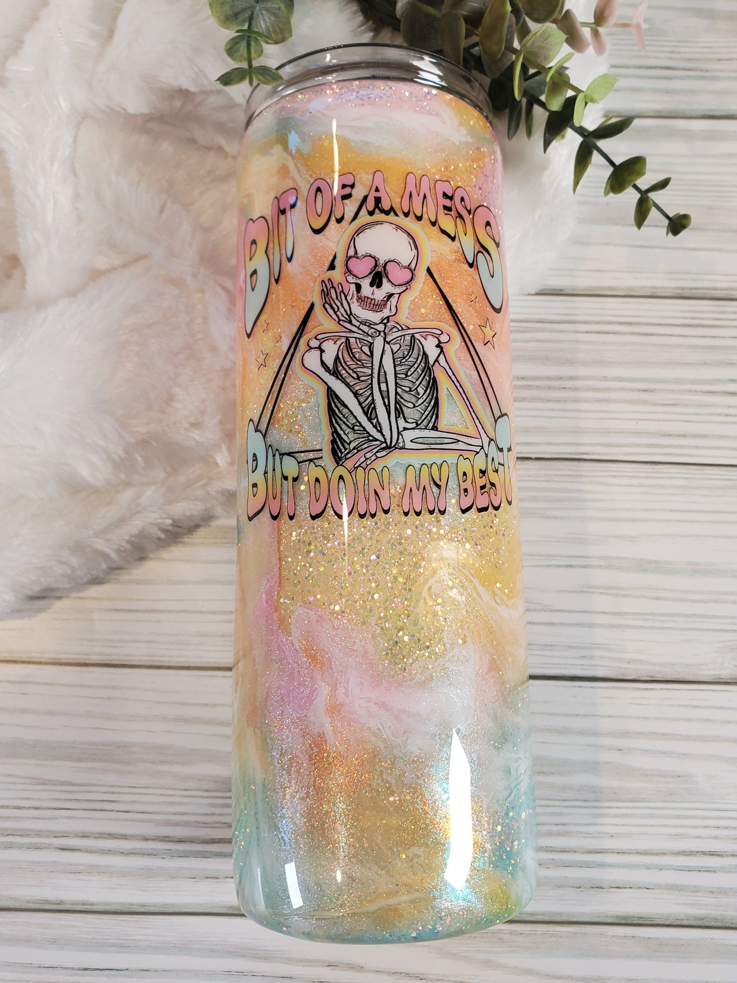 Bit of a Mess but Doing my best glitter ombre ink swirl Custom Tumbler - 20 oz Skinny Straight - pastels