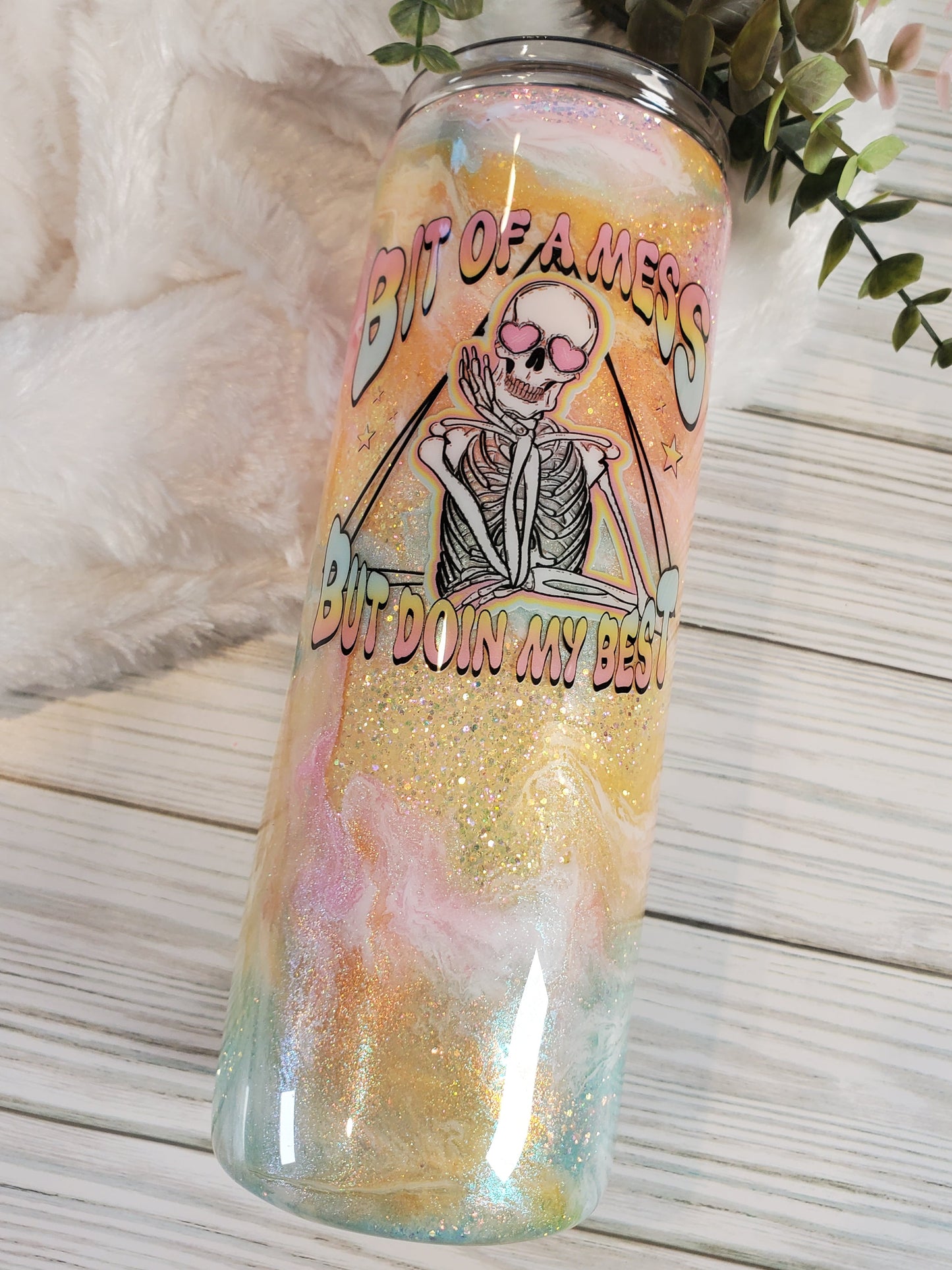 Bit of a Mess but Doing my best glitter ombre ink swirl Custom Tumbler - 20 oz Skinny Straight - pastels