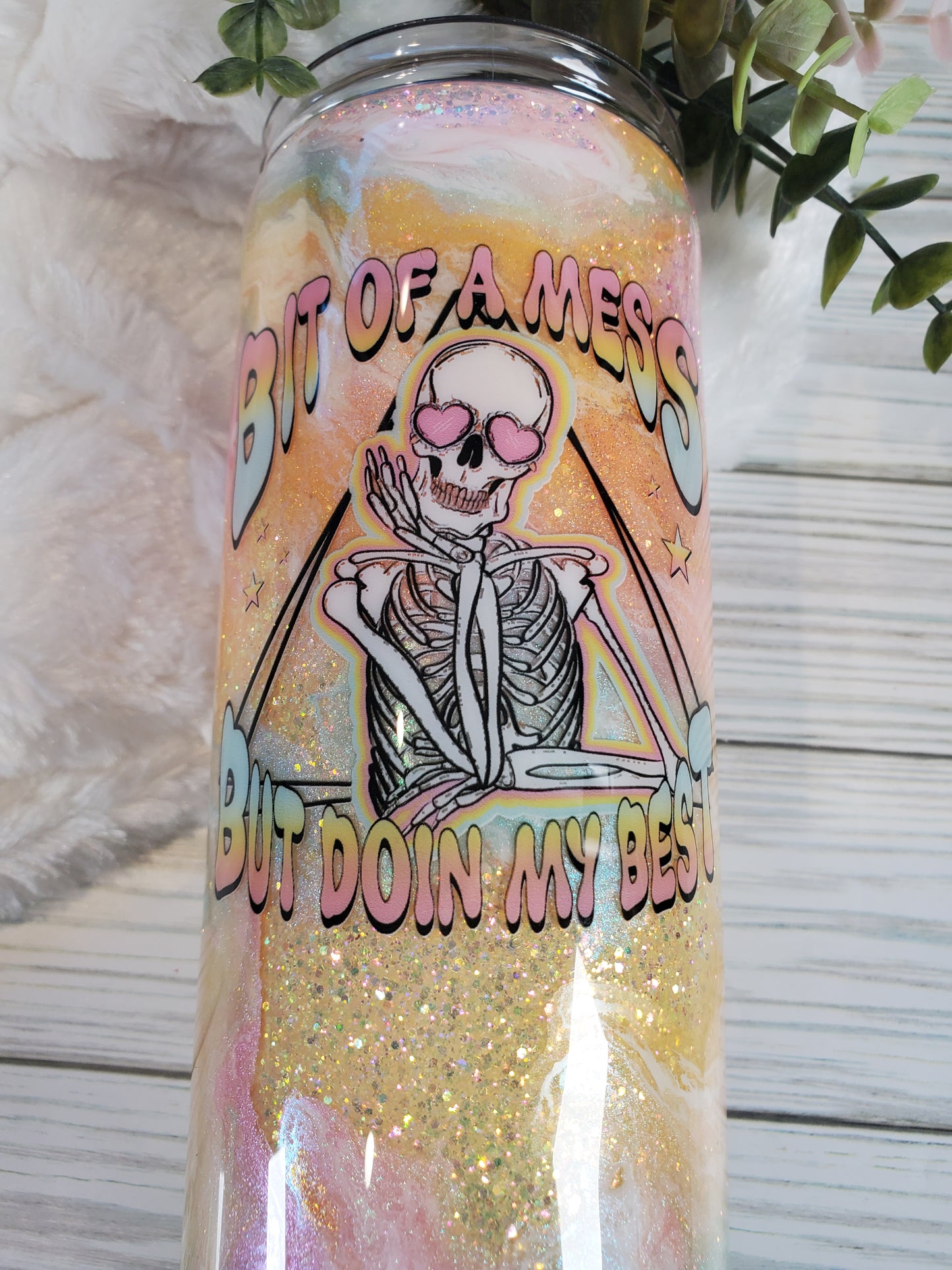 Bit of a Mess but Doing my best glitter ombre ink swirl Custom Tumbler - 20 oz Skinny Straight - pastels