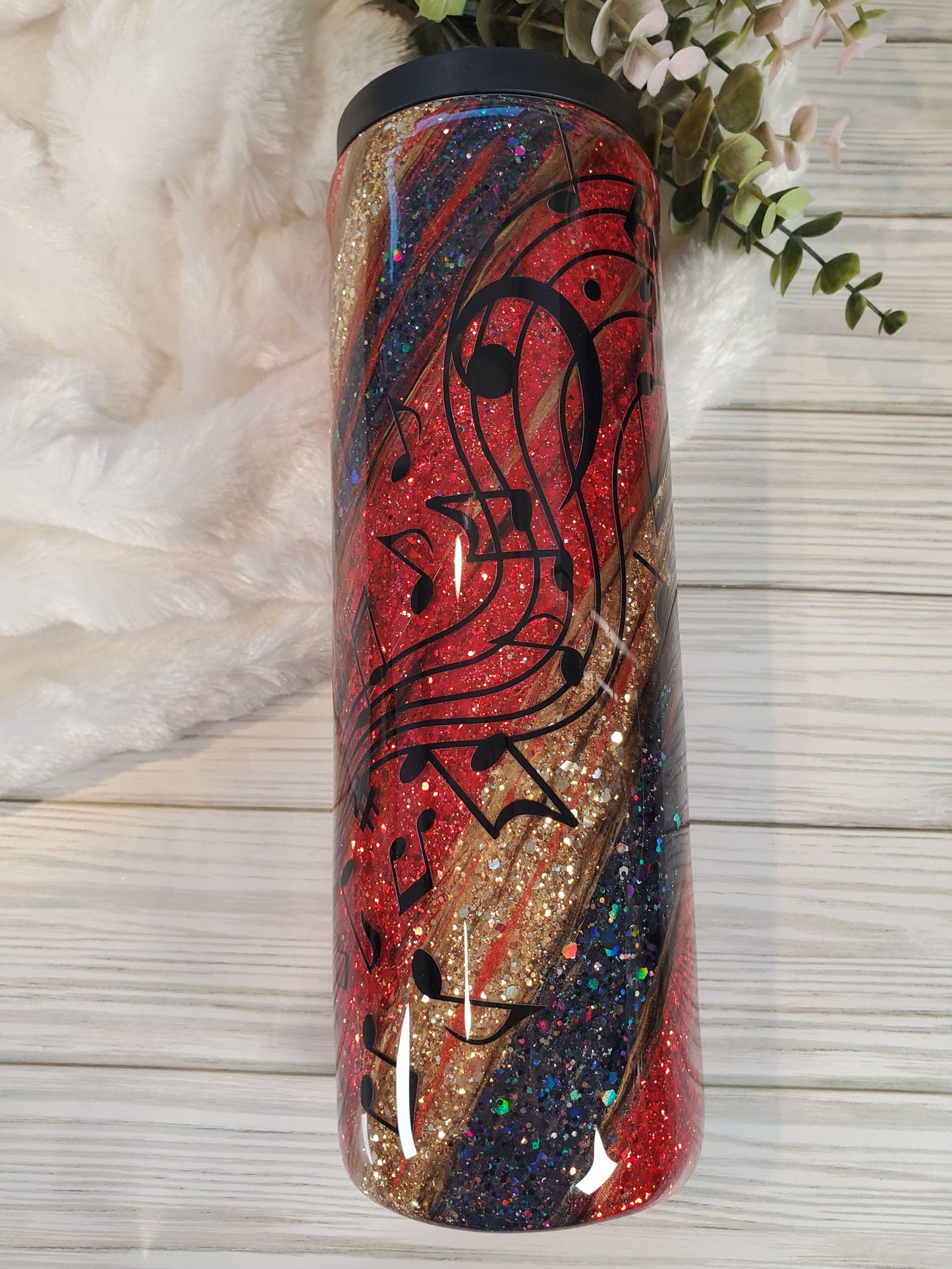 Music note Glitter swirl milkyway Custom DUO HYDRO Tumbler - 30 oz Skinny Straight -red black gold