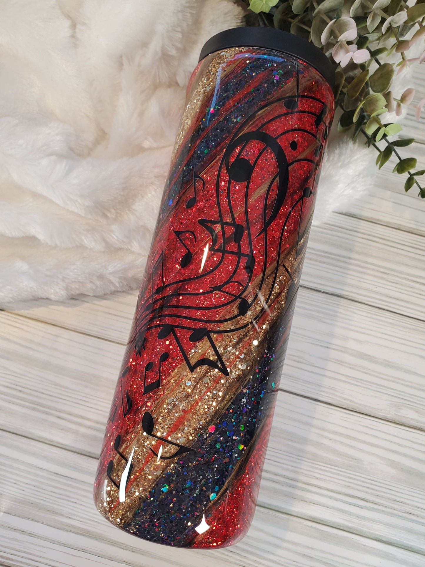 Music note Glitter swirl milkyway Custom DUO HYDRO Tumbler - 30 oz Skinny Straight -red black gold