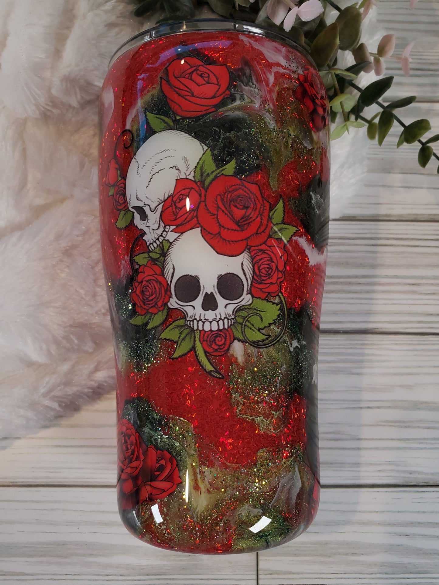Skull and roses ink swirl tinsel glitter custom tumbler - 20 oz curve - red green black