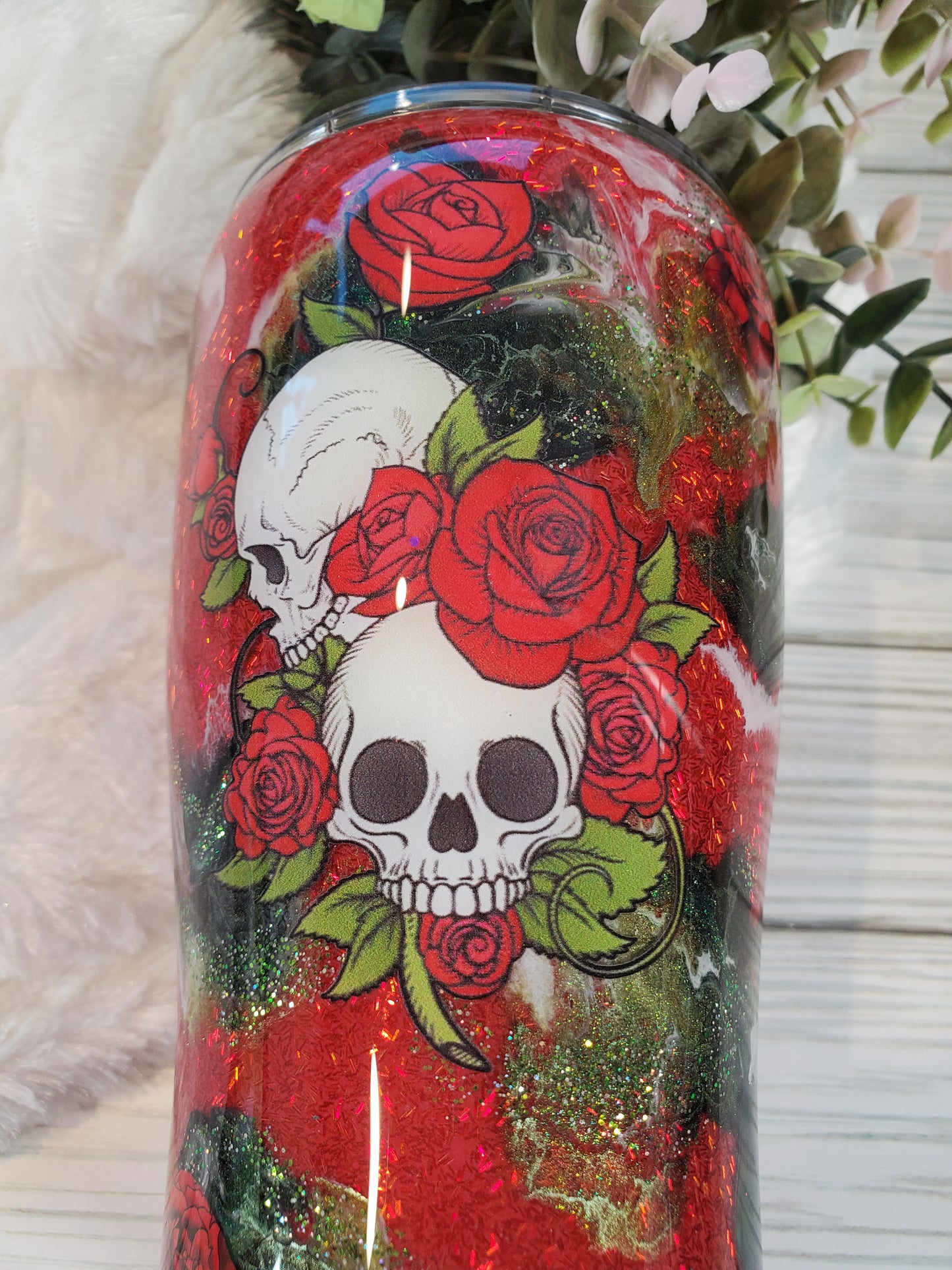 Skull and roses ink swirl tinsel glitter custom tumbler - 20 oz curve - red green black