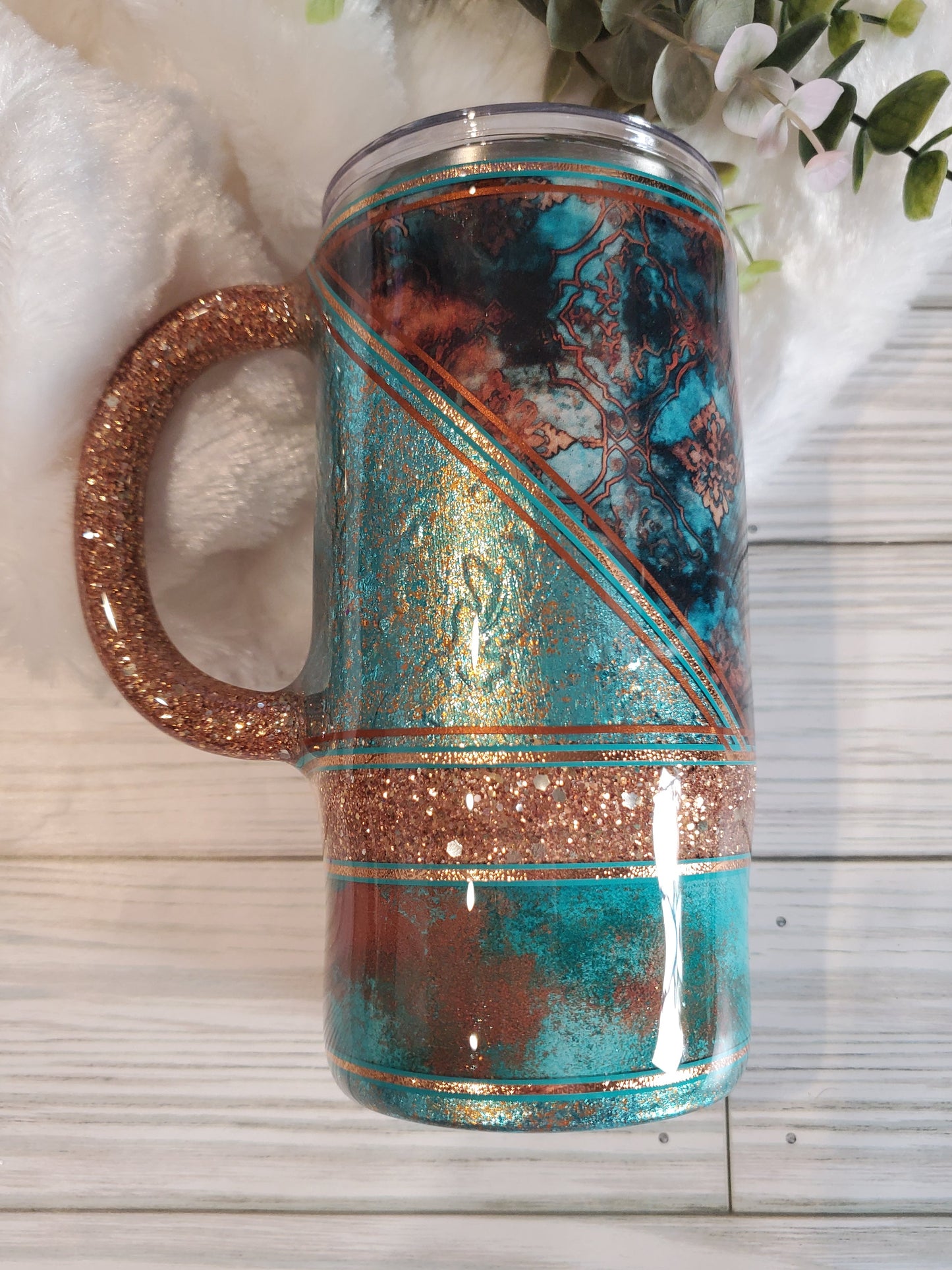 Western Texture Foil Glitter Handle Mug Tumbler - 16 oz Morning Mug - turquoise brown