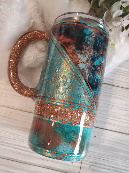 Western Texture Foil Glitter Handle Mug Tumbler - 16 oz Morning Mug - turquoise brown